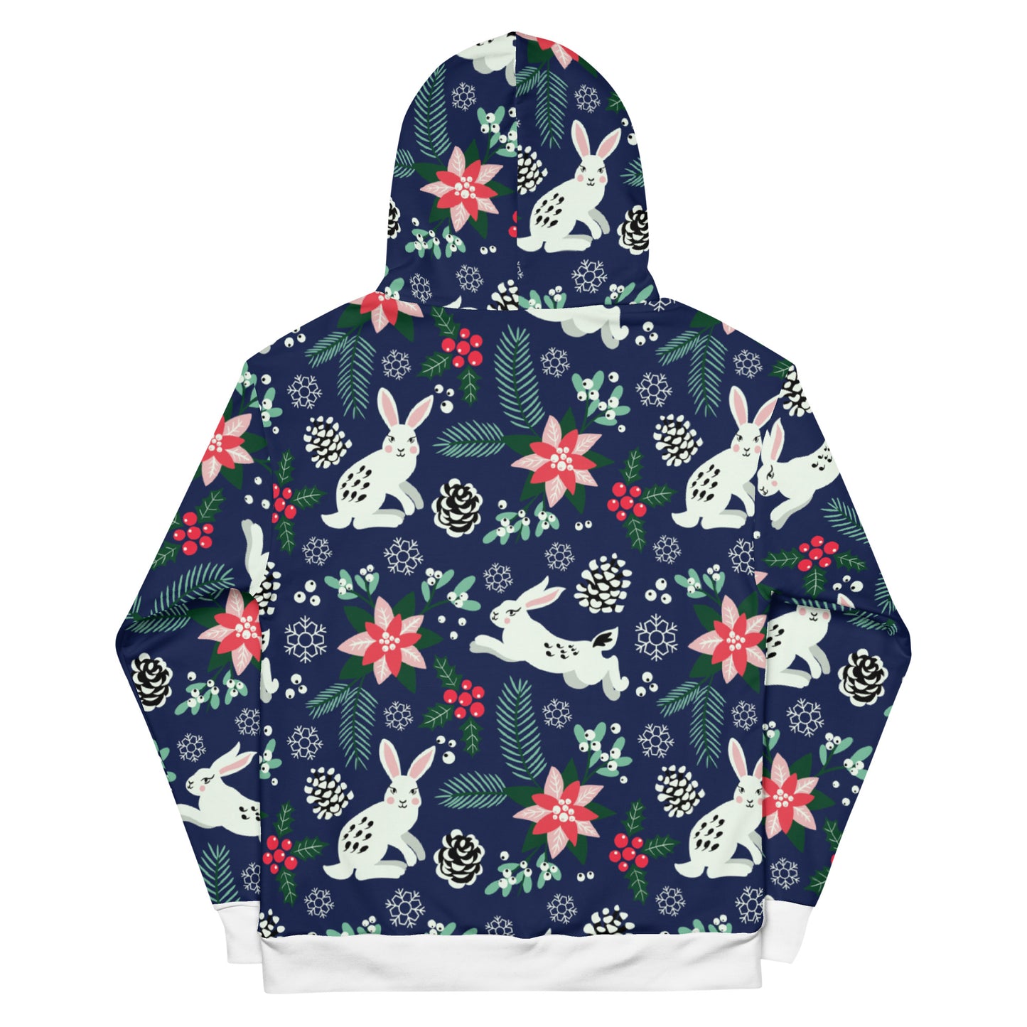 English Alt Text: "Metsäjanis - Polar Bunny Unisex Hoodie - Wrap Yourself in Winter - Designed in Turku, Finland by Print N Stuff." Finnish Alt Text: "Metsäjanis - Polar Bunny Unisex Huppari - Sulje syliisi talvi - Suunniteltu Turussa, Suomessa Print N Stuffin toimesta."