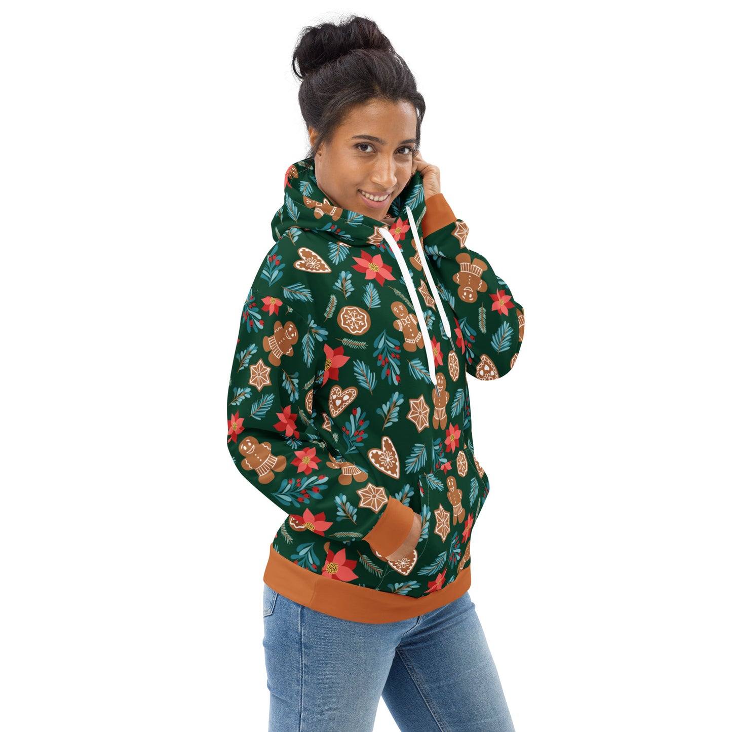 English Alt Text: "Fantasiapiparit / Gingerbread Fantasy Hoodie - Dress Comfortably with Festive Style - Designed in Turku, Finland by Print N Stuff." Finnish Alt Text: "Fantasiapiparit / Gingerbread Fantasy Huppari - Pukeudu mukavasti juhlavasti - Suunniteltu Turussa, Suomessa Print N Stuffin toimesta.