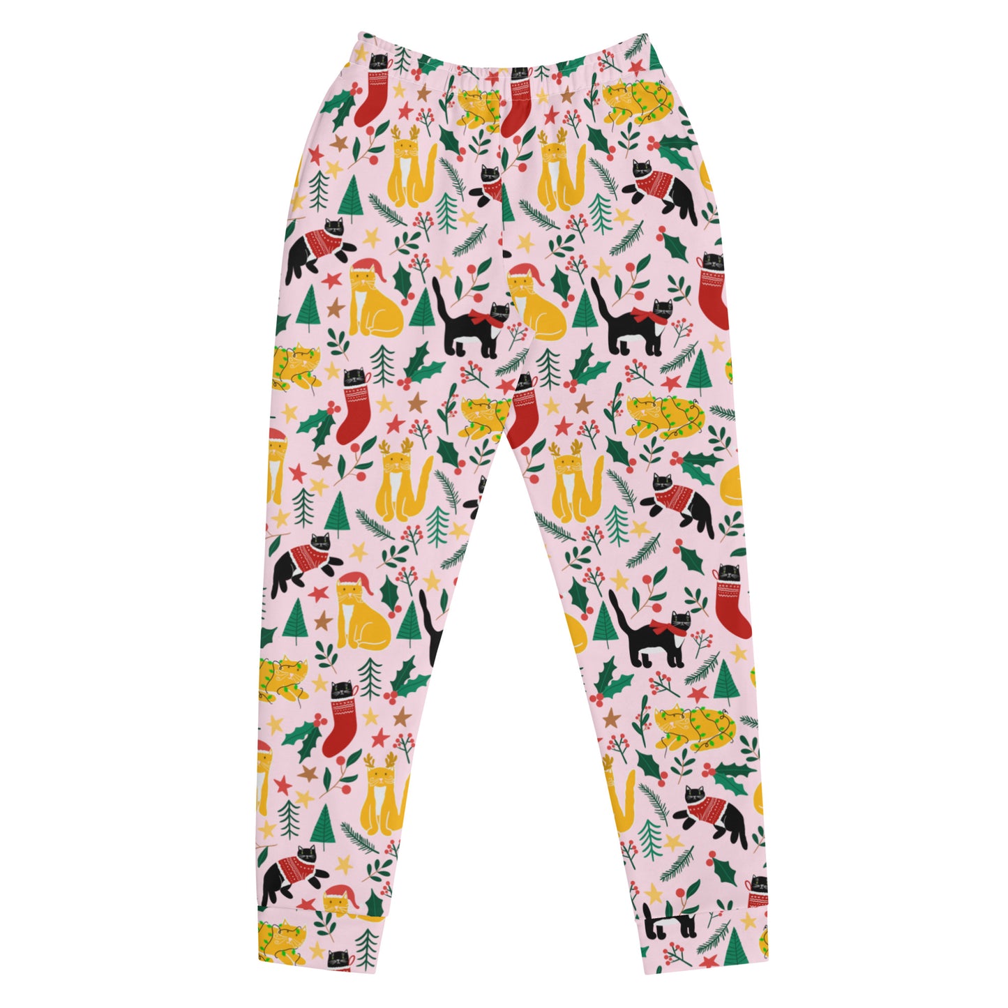 English Alt Text: "Joulukissat Sweatpants - Finnish Cat Pattern - Designed in Turku, Finland by Print N Stuff." Finnish Alt Text: "Joulukissat Collegehousut - Suomalainen kissakuosi - Suunniteltu Turussa, Suomessa Print N Stuffin toimesta."