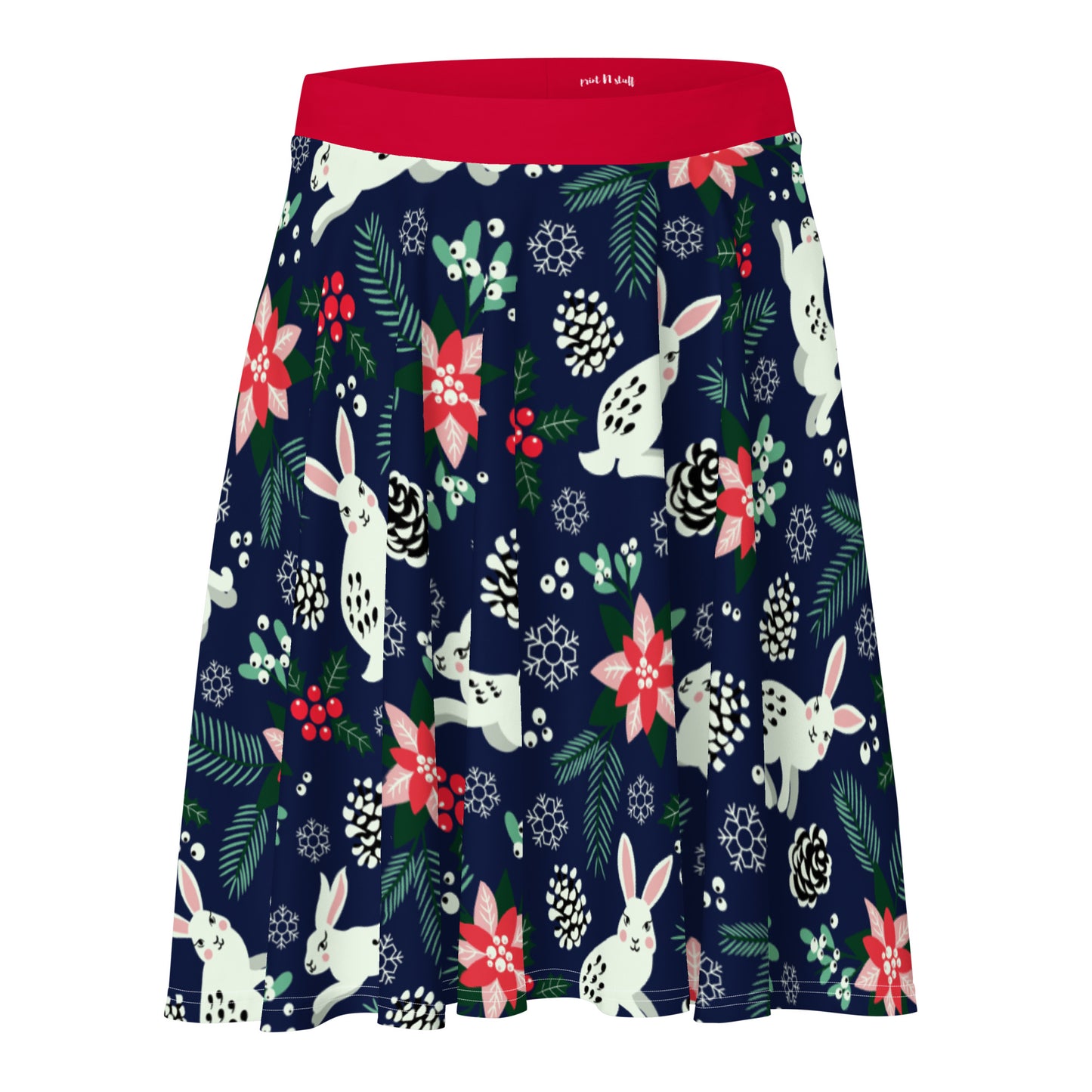 English Alt Text: "Metsäjanis - Polar Bunny Round Skirt - Style and Femininity - Designed in Turku, Finland by Print N Stuff." Finnish Alt Text: "Metsäjanis - Polar Bunny Pyöreä Hame - Tyyliä ja naisellisuutta - Suunniteltu Turussa, Suomessa Print N Stuffin toimesta."