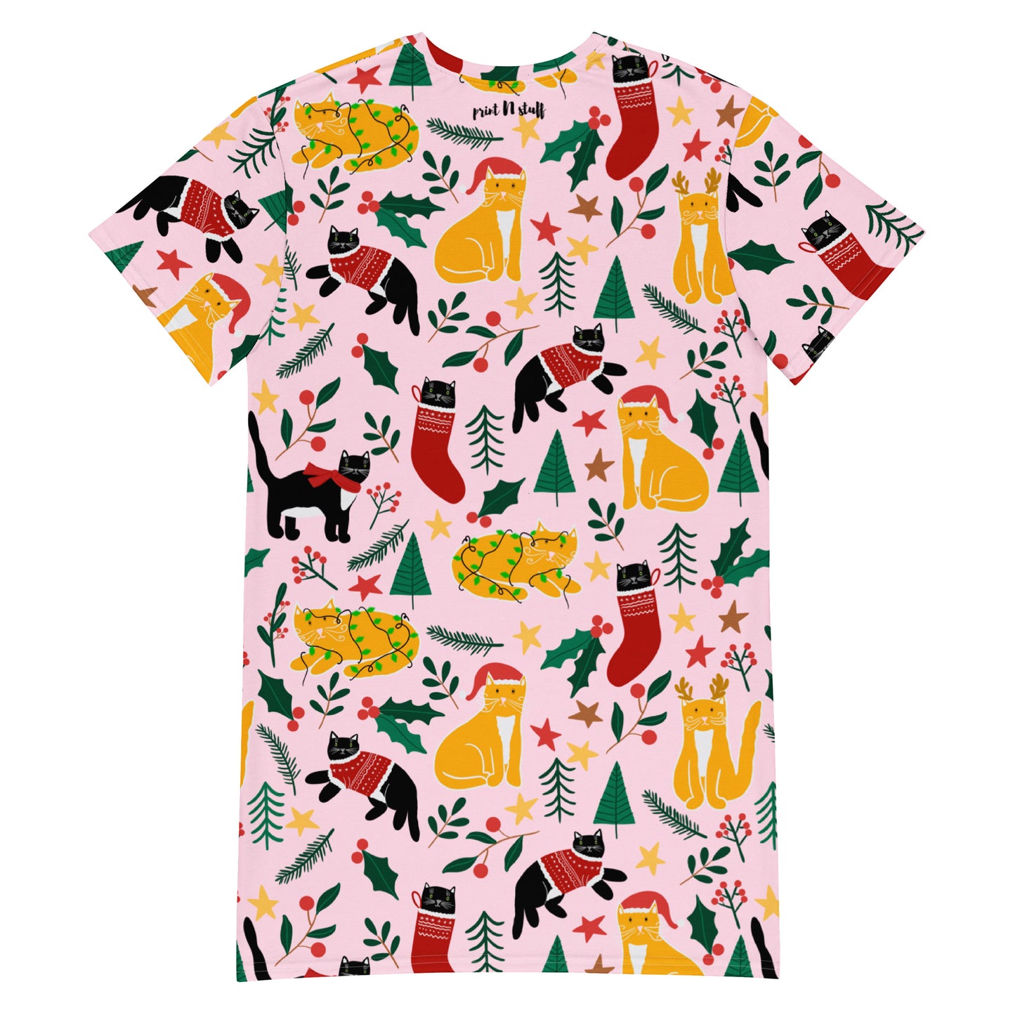 English Alt Text: "Joulukissat T-Shirt Dress - Finnish Cat Pattern - Designed in Turku, Finland by Print N Stuff." Finnish Alt Text: "Joulukissat T-paitamekko - Suomalainen kissakuosi - Suunniteltu Turussa, Suomessa Print N Stuffin toimesta."