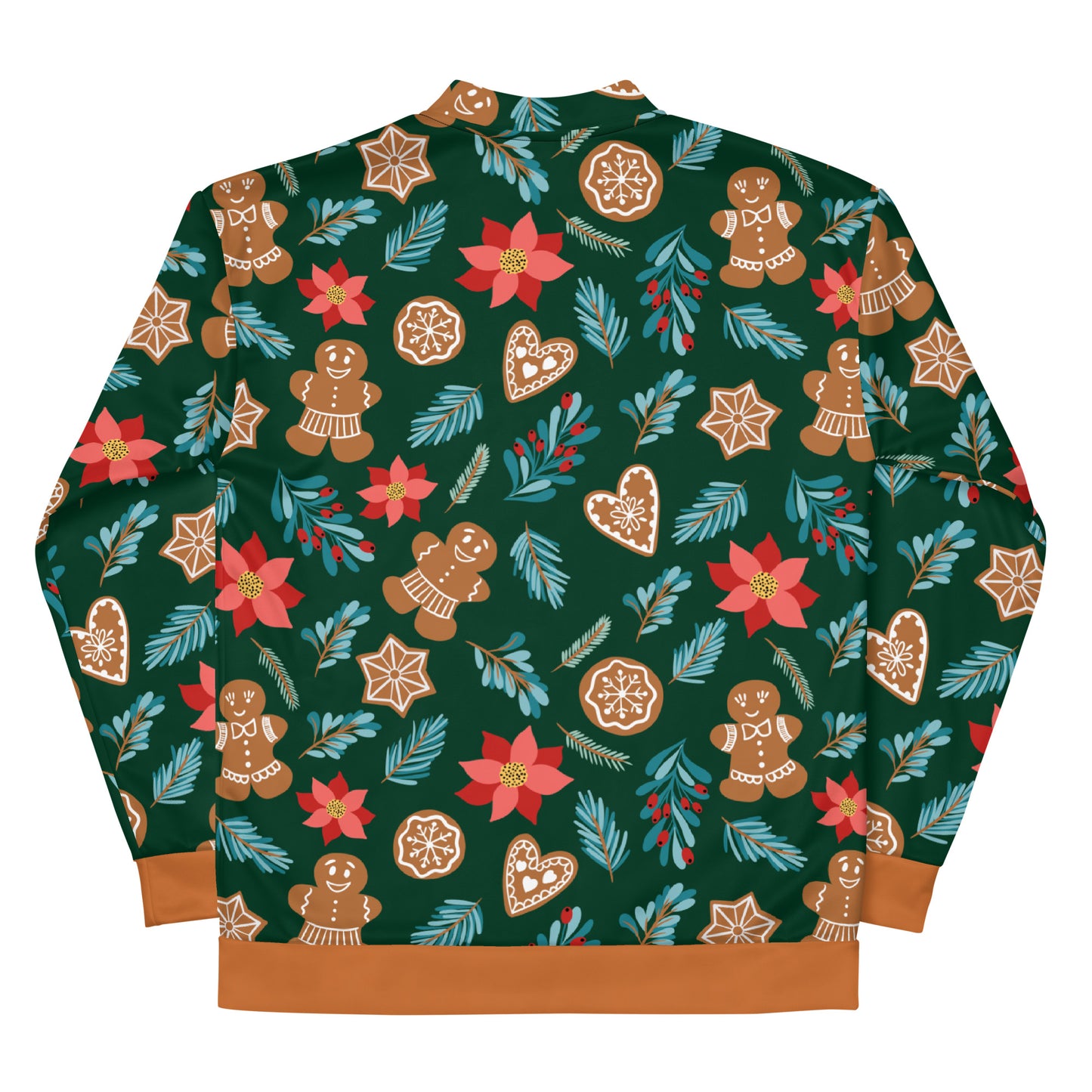 English Alt Text: "Fantasiapiparit / Gingerbread Fantasy Unisex Bomber Jacket - Style and Comfort with a Festive Twist - Designed in Turku, Finland by Print N Stuff." Finnish Alt Text: "Fantasiapiparit / Gingerbread Fantasy Unisex Bomber Jacket - Tyyliä ja Mukavuutta Jouluisella Twistillä - Suunniteltu Turussa, Suomessa Print N Stuffin toimesta.