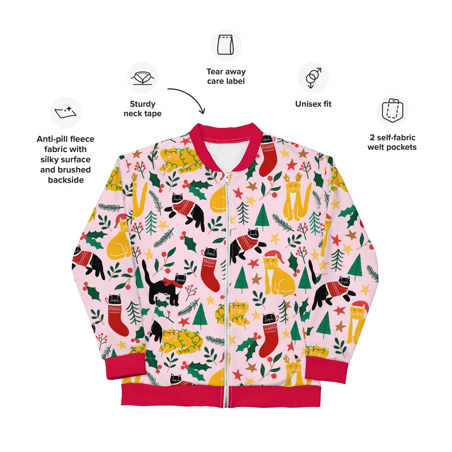 English Alt Text: "Joulukissat Bomber Jacket - Unique Finnish Christmas Cat Pattern - Designed in Turku, Finland by Print N Stuff." Finnish Alt Text: "Joulukissat Bomber-takki - Uniikki suomalainen joulukissakuosi - Suunniteltu Turussa, Suomessa Print N Stuffin toimesta."