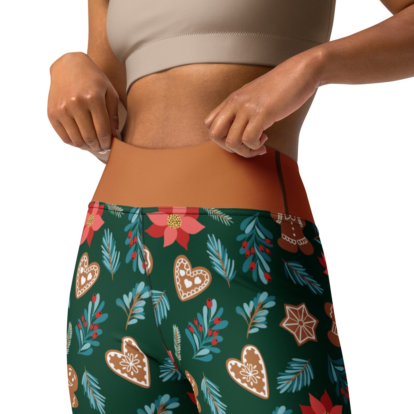 English Alt Text: "Fantasiapiparit / Gingerbread Fantasy High-Waisted Yoga Leggings - Comfort and Style - Designed in Turku, Finland by Print N Stuff." Finnish Alt Text: "Fantasiapiparit / Gingerbread Fantasy Korkeavyötäröiset Joogaleggingsit - Mukavuutta ja Tyyliä - Suunniteltu Turussa, Suomessa Print N Stuffin toimesta.