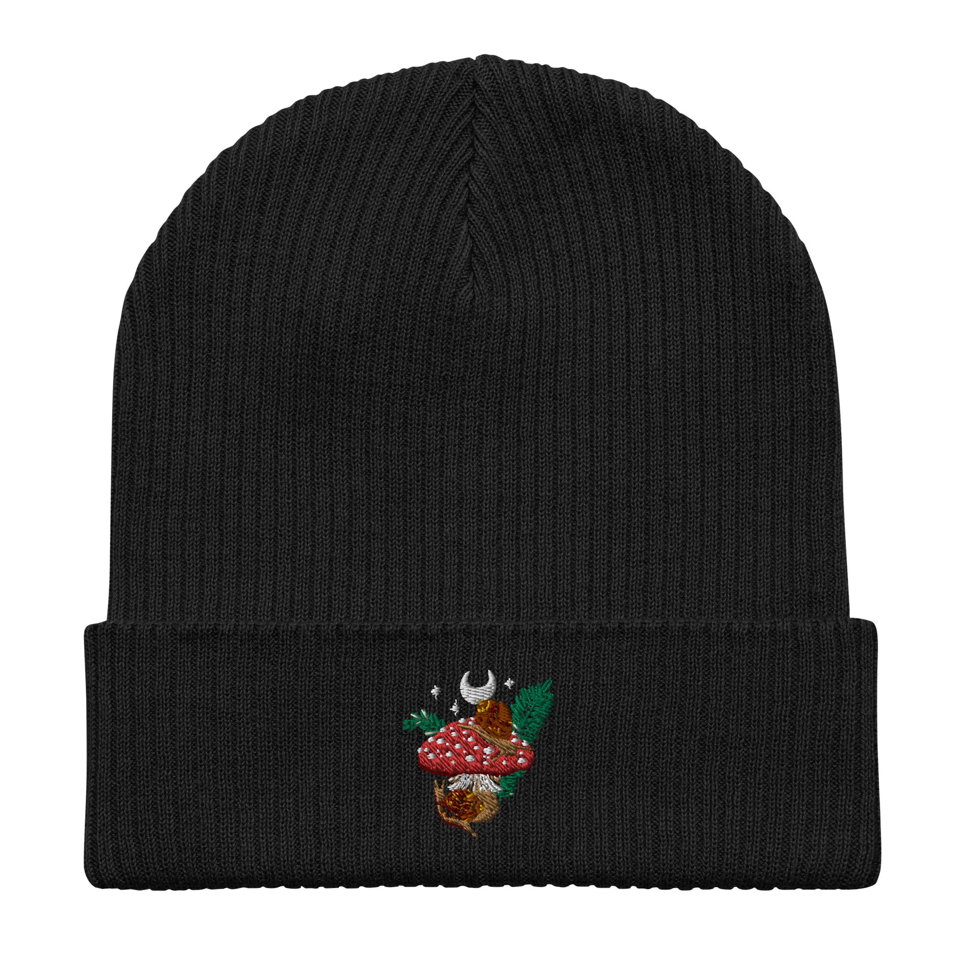 Organic ribbed beanie featuring snails and Fly Agaric mushroom embroidery	Luomu-ribbipipo, jossa etanoiden ja kärpässienen brodeeraus