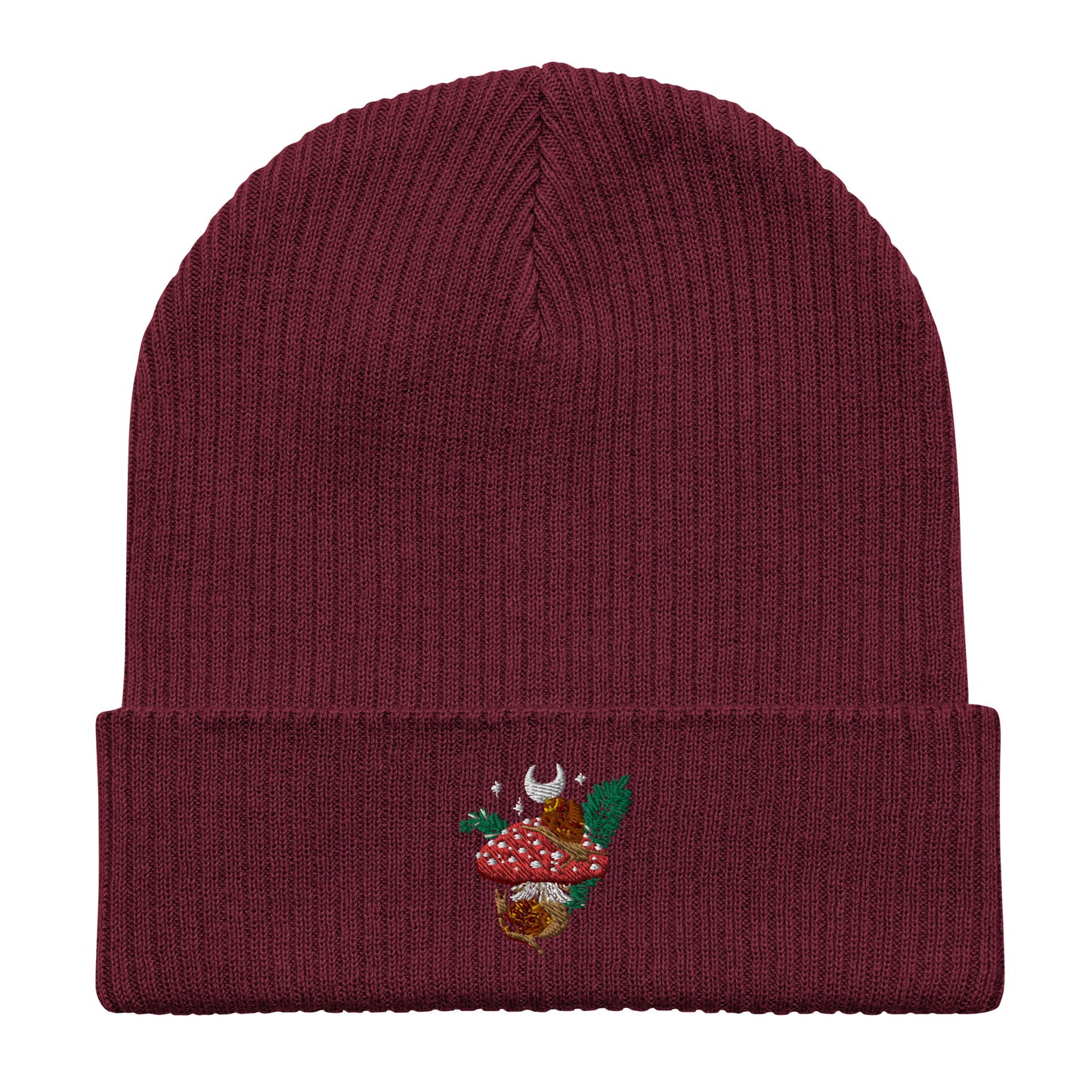 Organic ribbed beanie featuring snails and Fly Agaric mushroom embroidery	Luomu-ribbipipo, jossa etanoiden ja kärpässienen brodeeraus