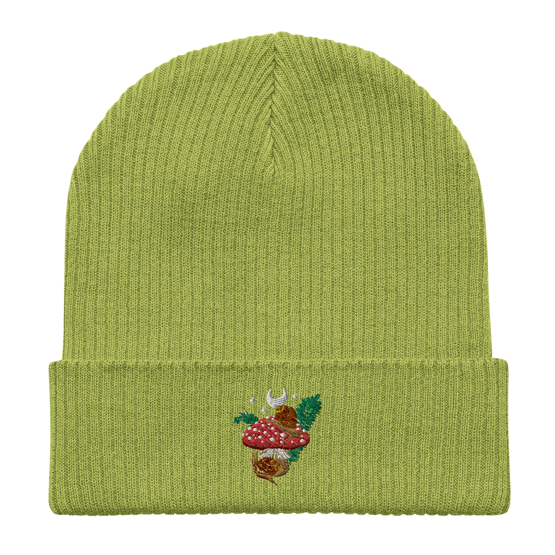 Organic ribbed beanie featuring snails and Fly Agaric mushroom embroidery	Luomu-ribbipipo, jossa etanoiden ja kärpässienen brodeeraus