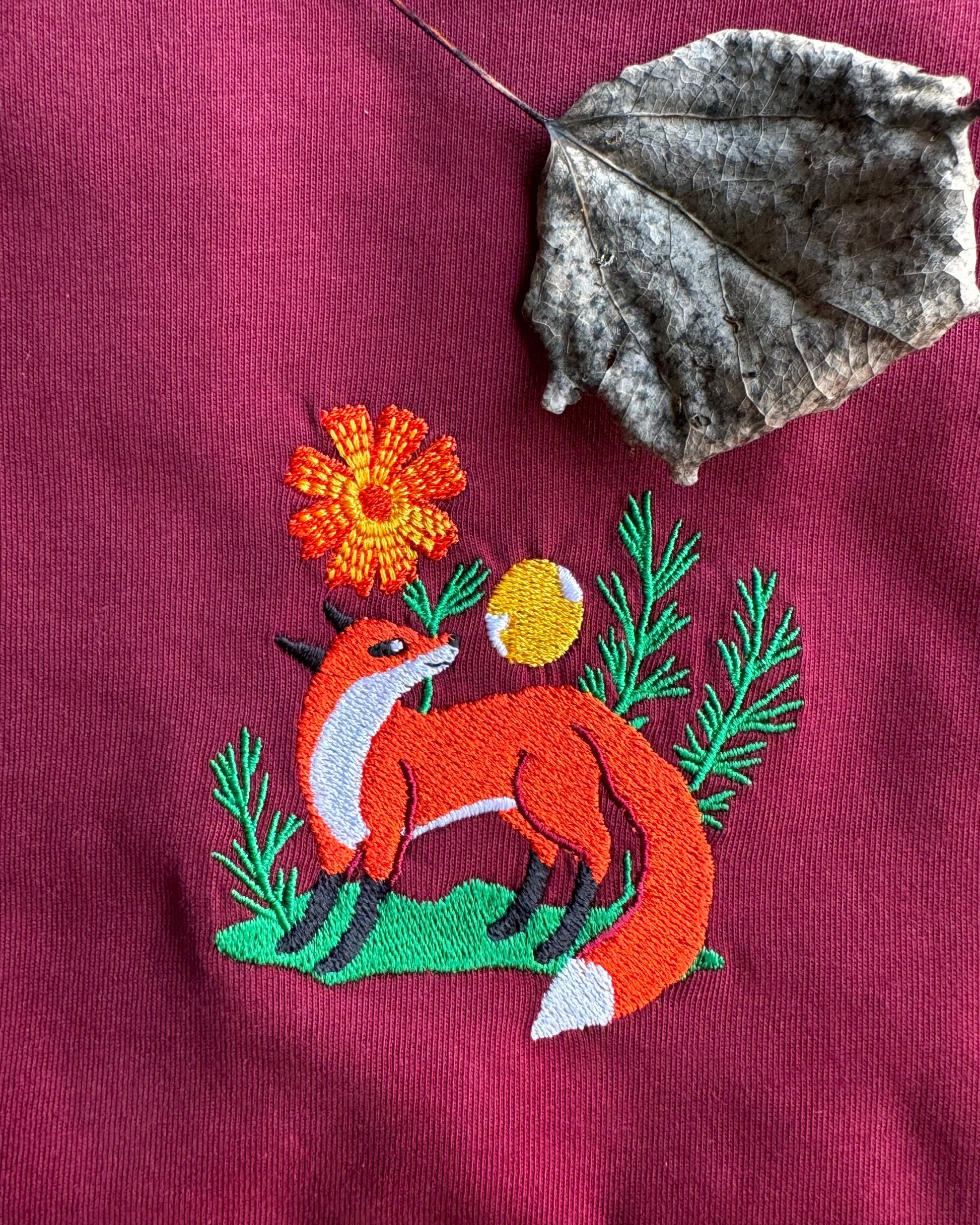 print n stuff a fox under the harvest moon_burgundy tshirt Embroidery original art designed in turku finland organic cotton tshirt