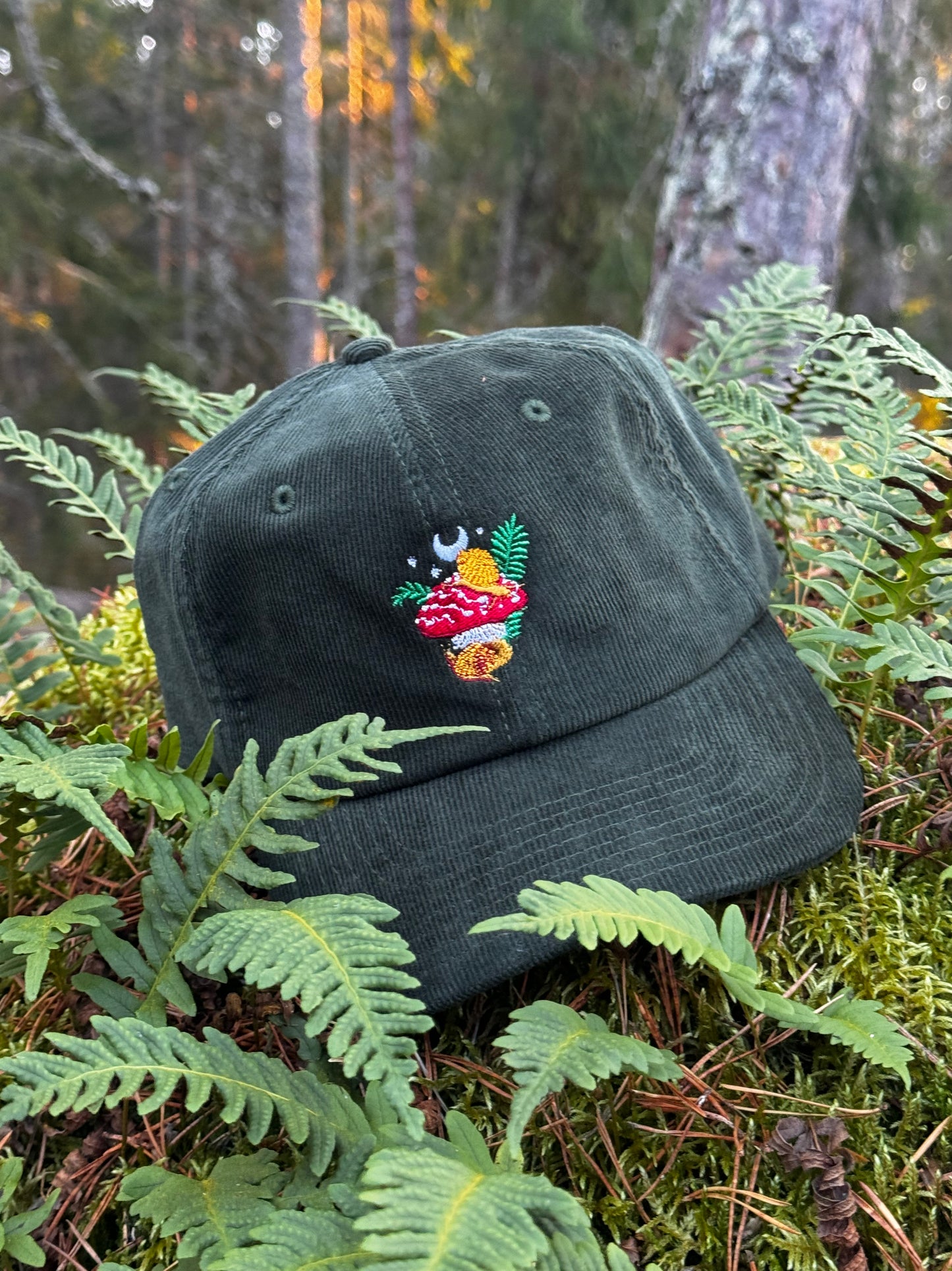 snails & shrooms embroidered cap print n stuff designed in Turku finland soft green velvet cap autumn cap corduroy 