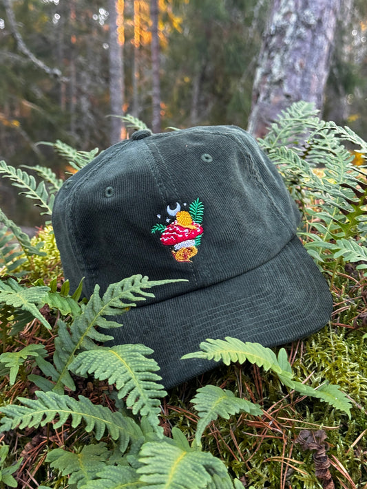 snails & shrooms embroidered cap print n stuff designed in Turku finland soft green velvet ca autumn cap