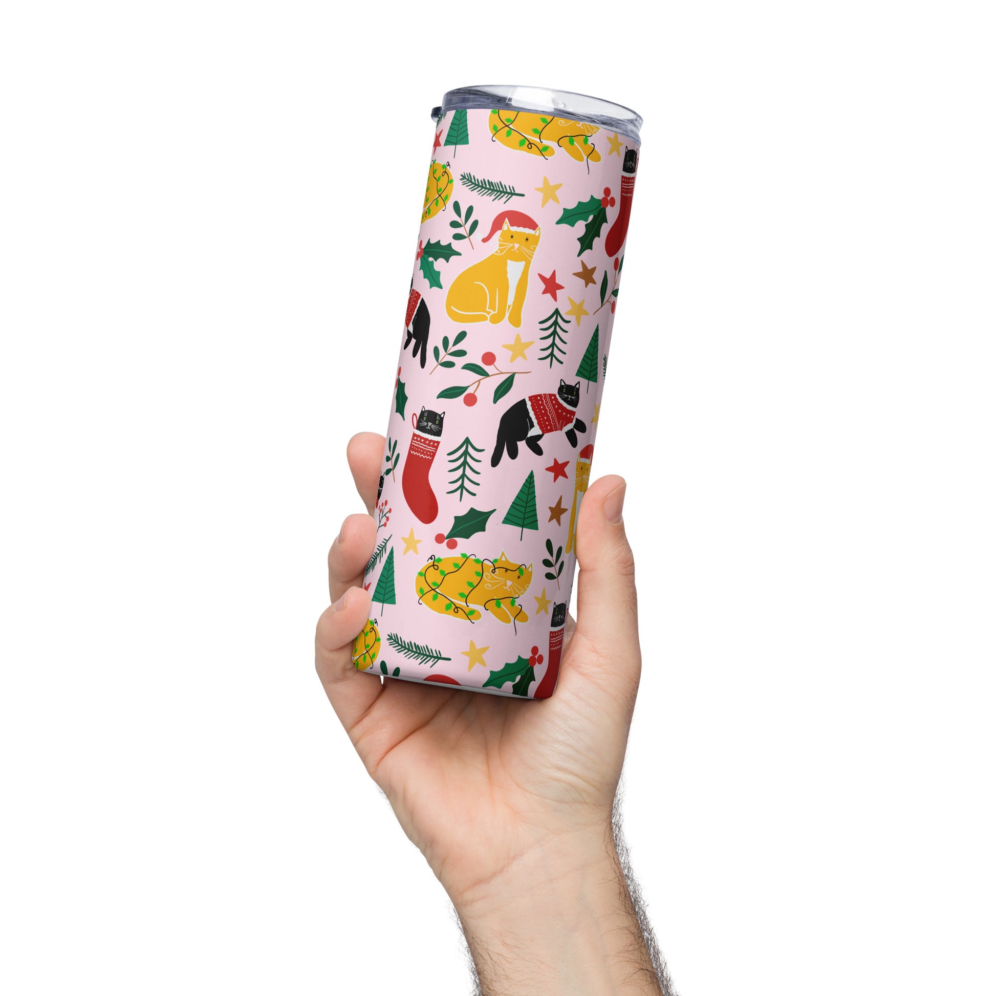 Stainless steel bottle with straw - Joulukissat / Christmas Cats - Water Bottles- Print N Stuff - [designed in Turku Finland]