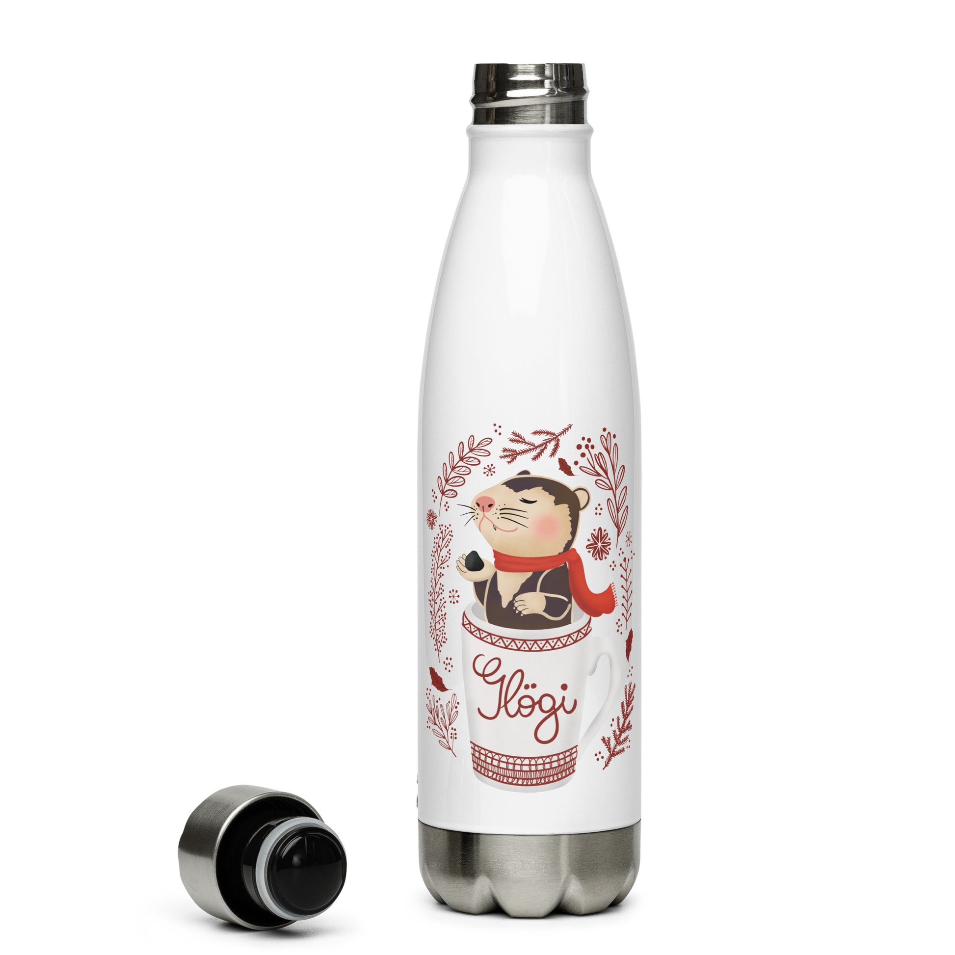 A whimsical thermos bottle featuring an otter diving into a glögi mug, designed for winter and Christmas, perfect for keeping beverages hot or cold. Print N Stuff Turku Finland