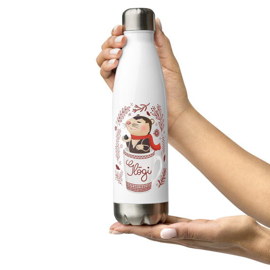 A whimsical thermos bottle featuring an otter diving into a glögi mug, designed for winter and Christmas, perfect for keeping beverages hot or cold. Print N Stuff Turku Finland