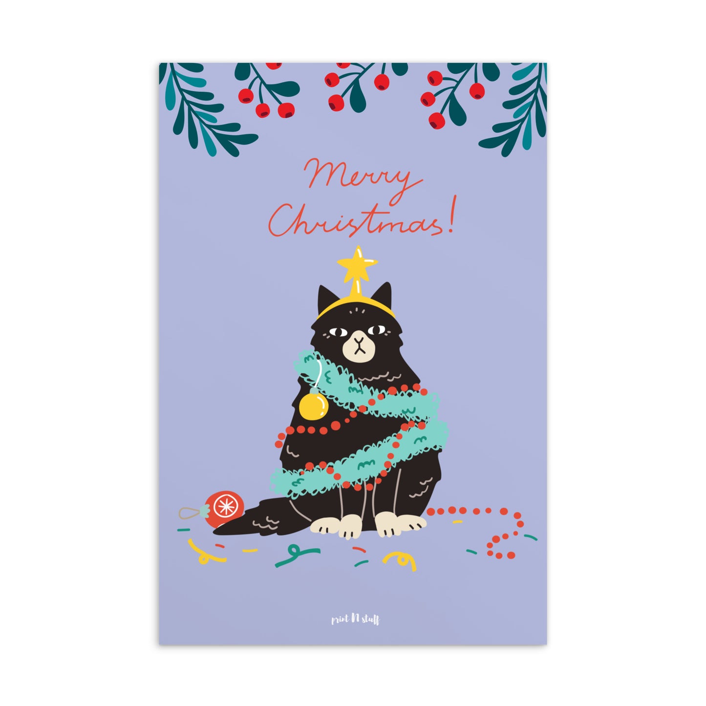 Meowy Christmas - Postcard Lilac - Posters and cards- Print N Stuff - [designed in Turku Finland]