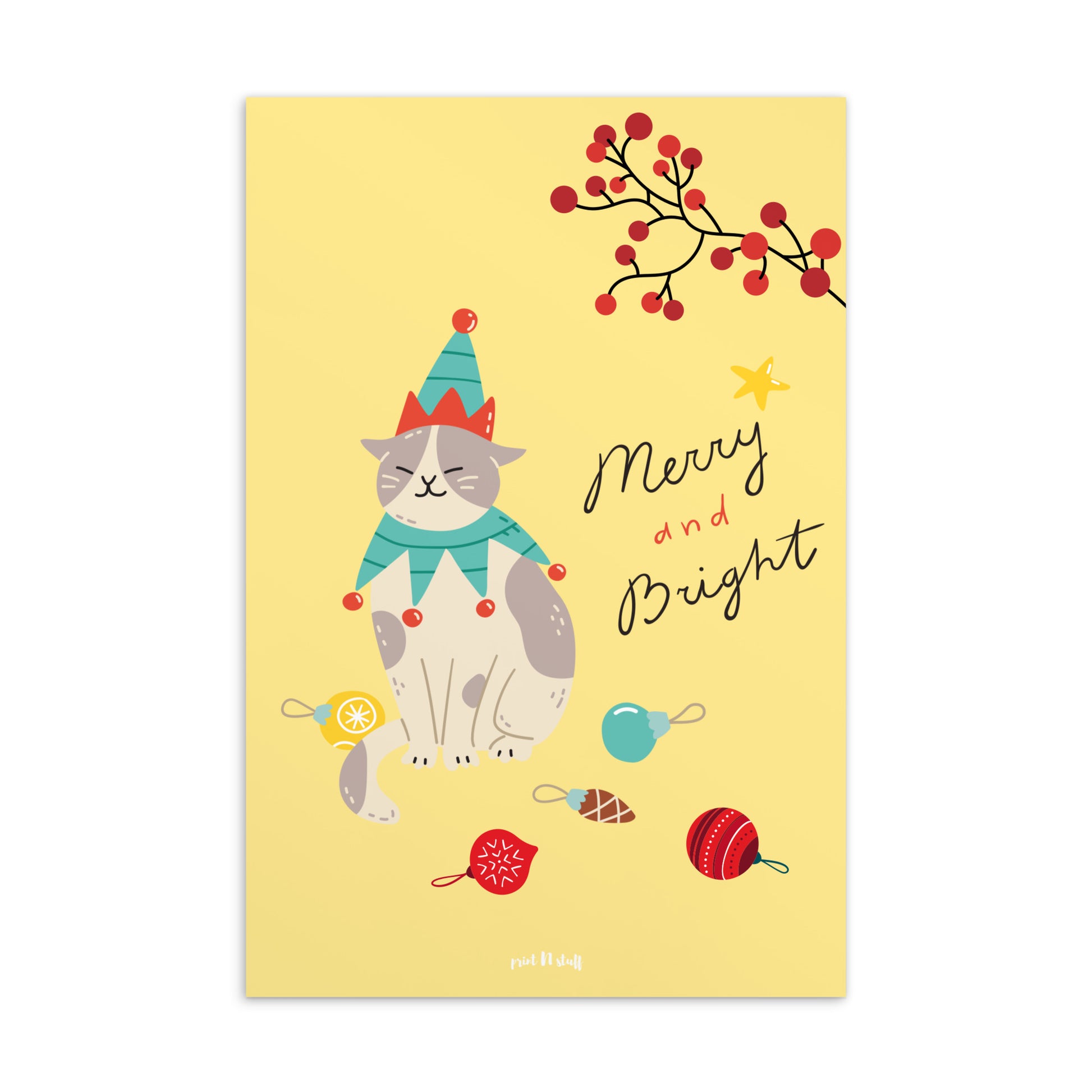 Meowy Christmas - Postcard Yellow - Posters and cards- Print N Stuff - [designed in Turku Finland]