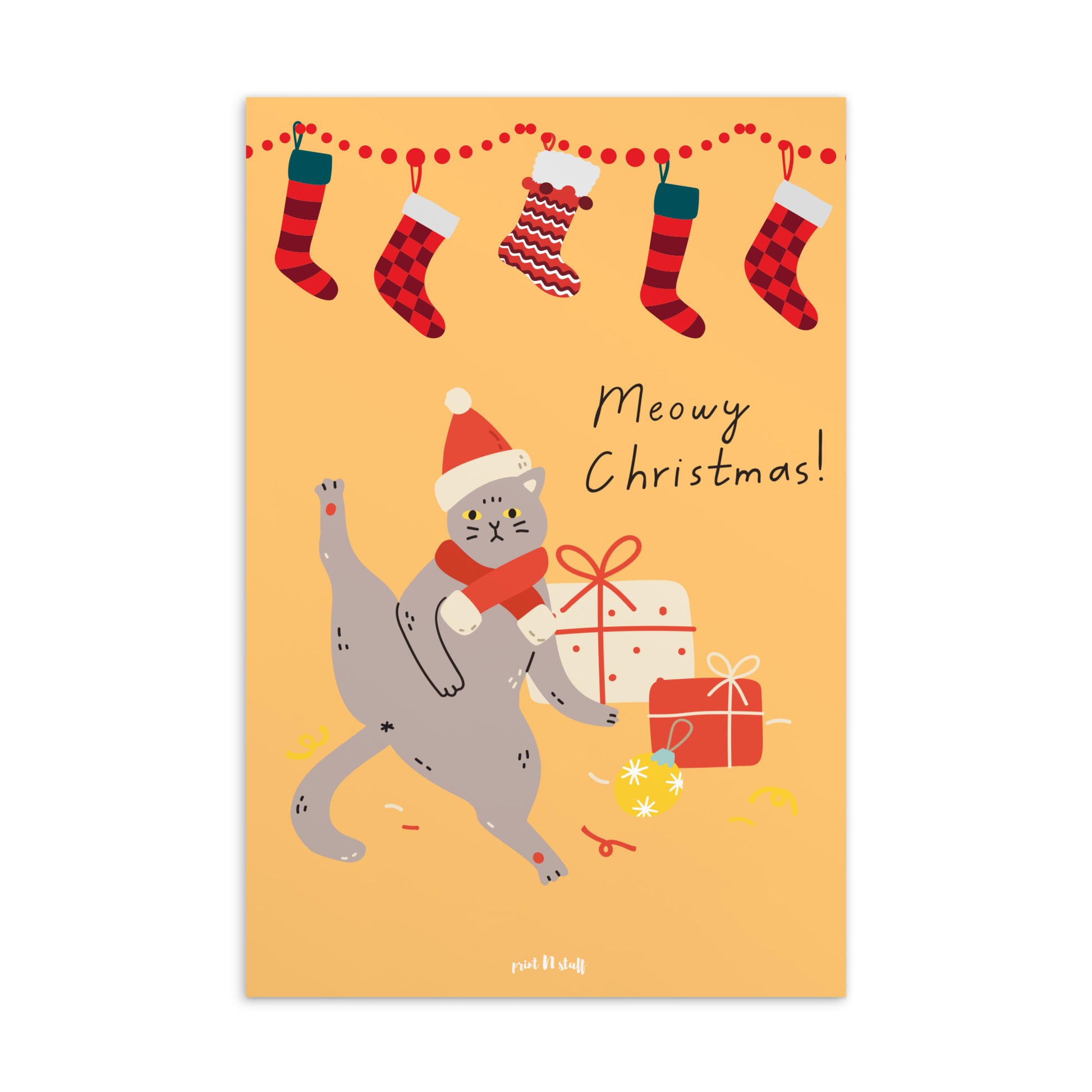 Meowy Christmas - Postcard Orange - Posters and cards- Print N Stuff - [designed in Turku Finland]