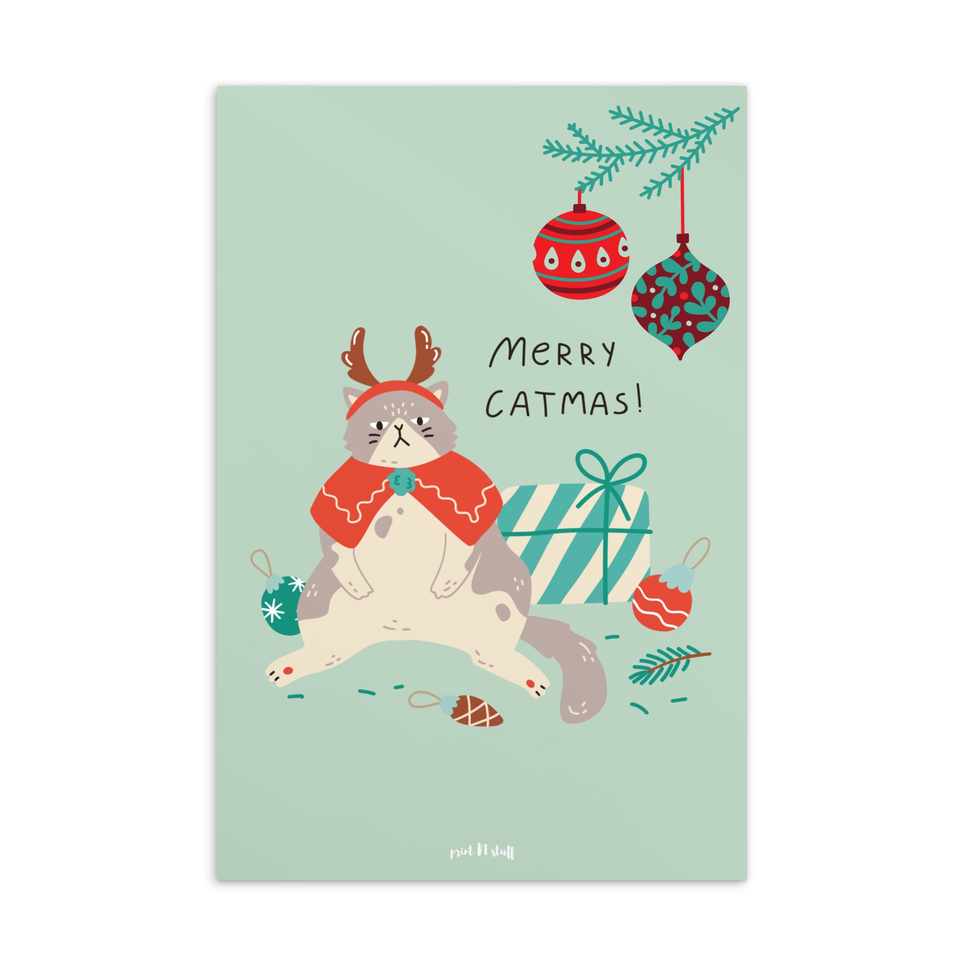Meowy Christmas - Postcard Green - Posters and cards- Print N Stuff - [designed in Turku Finland]