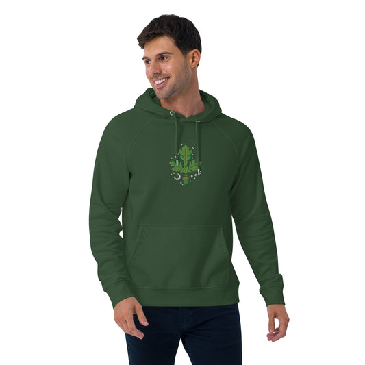 Organic cotton hoodie with Acorns and Oak Tree Leaves embroidery—a tribute to strength, wisdom, and nature’s beauty. Print N Stuff Turku Finland