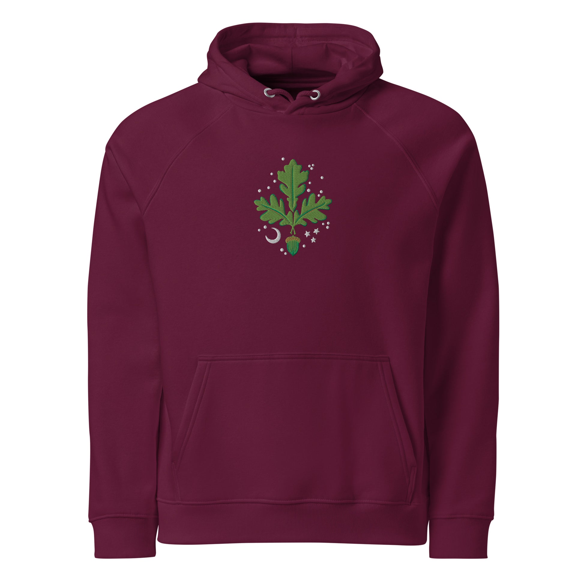 Organic cotton hoodie with Acorns and Oak Tree Leaves embroidery—a tribute to strength, wisdom, and nature’s beauty. Print N Stuff Turku Finland