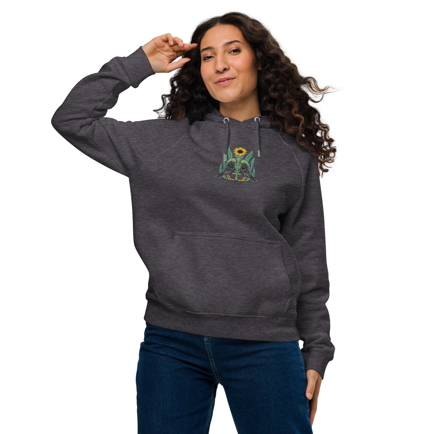 Sustainable organic cotton hoodie with a blackbird embroidery design—cozy, stylish, and eco-friendly. Print N Stuff turku Finland