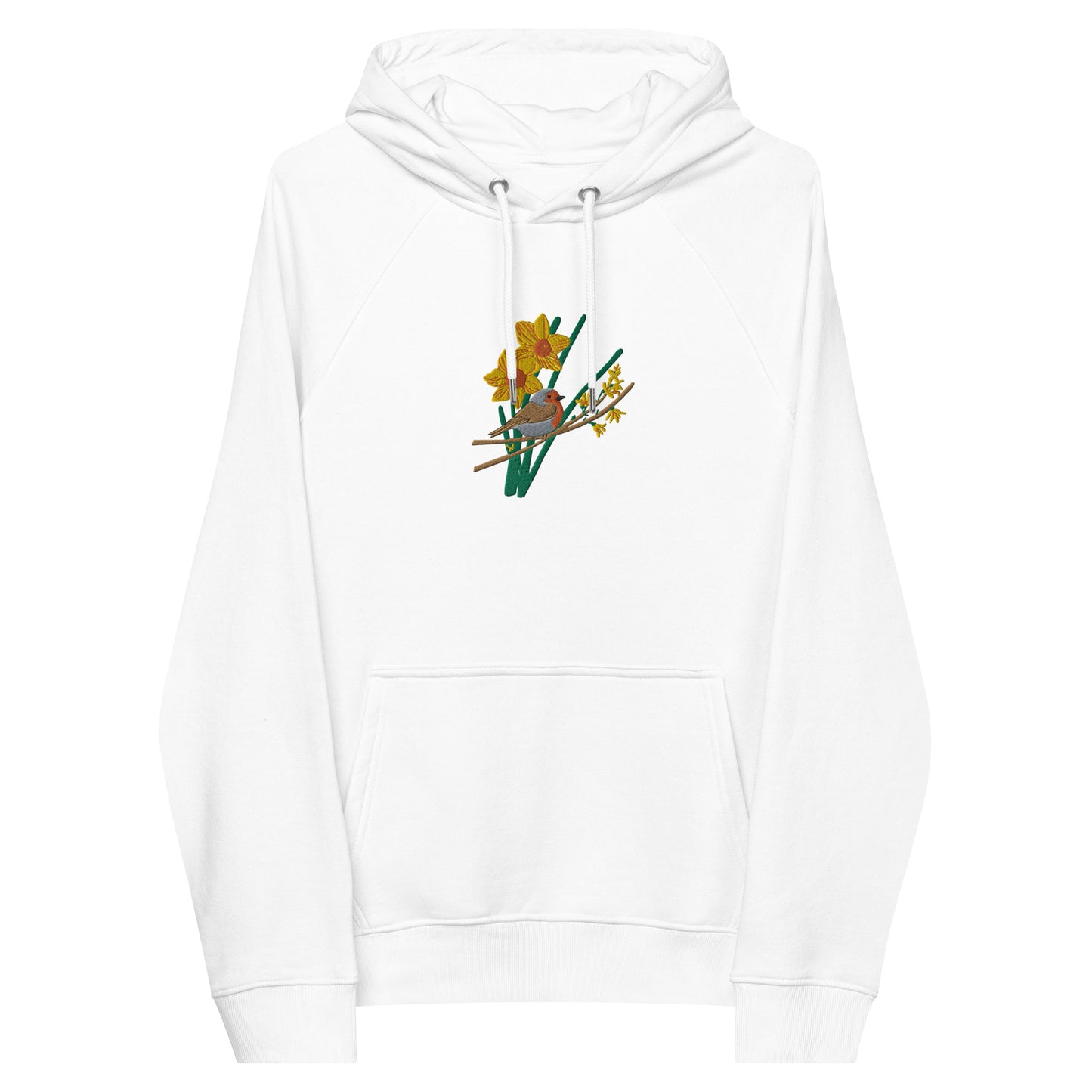 Robin and Daffodils Unisex eco raglan hoodie