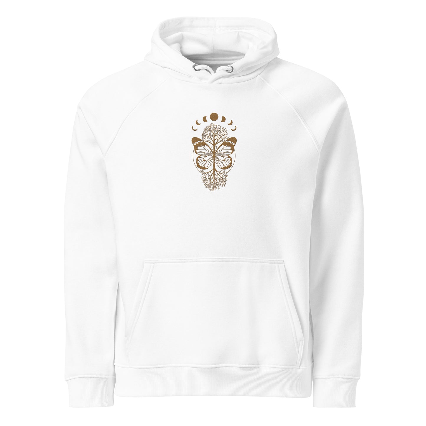 Organic cotton hoodie with Golden Butterfly embroidery—a golden butterfly with tree branches, roots, and moon phases, symbolizing life’s journey. Print N Stuff Turku Finland