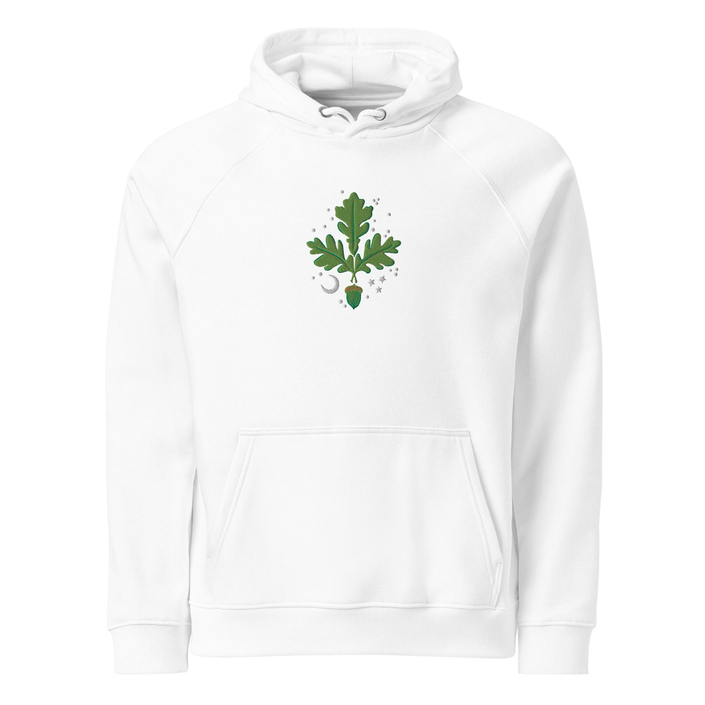 Organic cotton hoodie with Acorns and Oak Tree Leaves embroidery—a tribute to strength, wisdom, and nature’s beauty. Print N Stuff Turku Finland