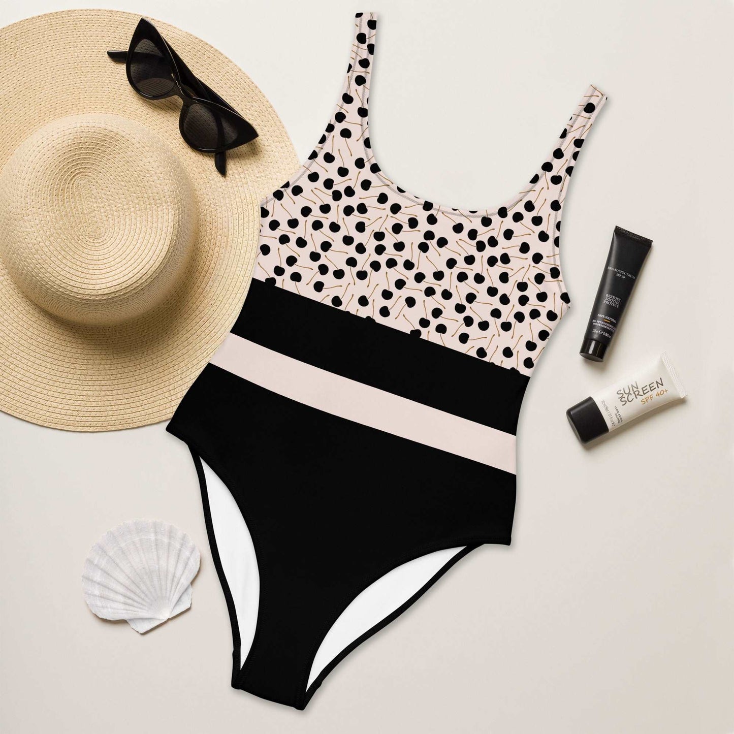 Black Cherries - One-Piece Swimsuit - Swimwear- Print N Stuff - [designed in Turku FInland]