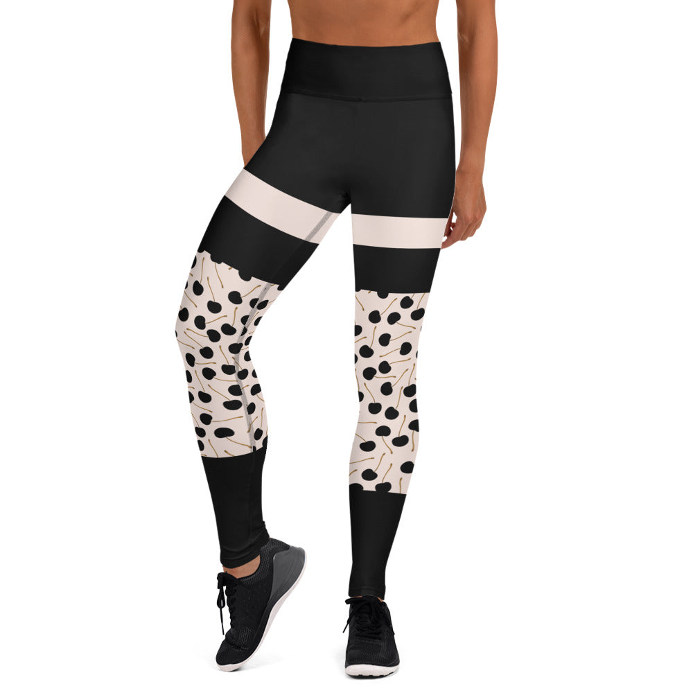 Black Cherries - Yoga Leggings - Leggings- Print N Stuff - [designed in Turku FInland]