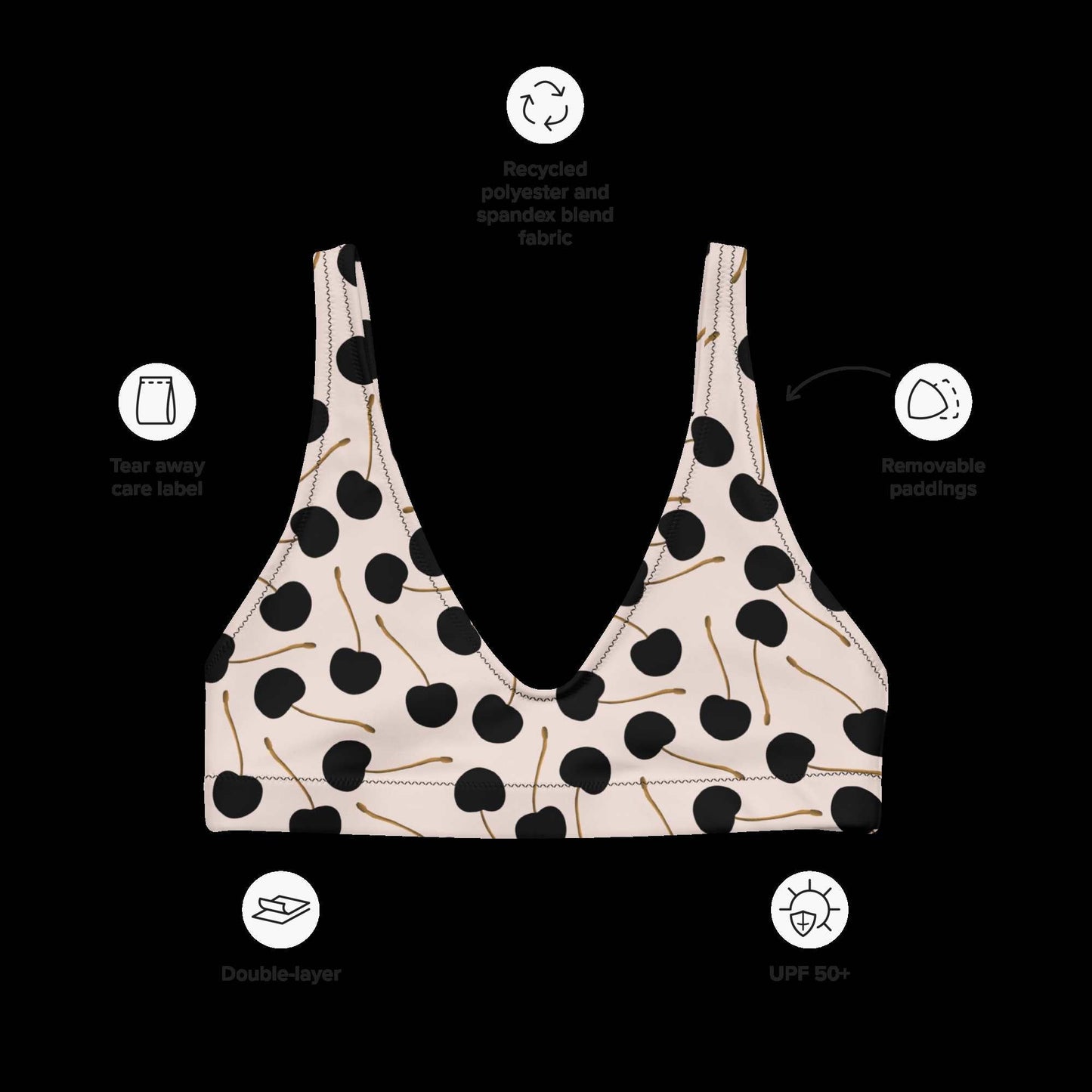 Black Cherries -  padded bikini top - Swimwear- Print N Stuff - [designed in Turku FInland]