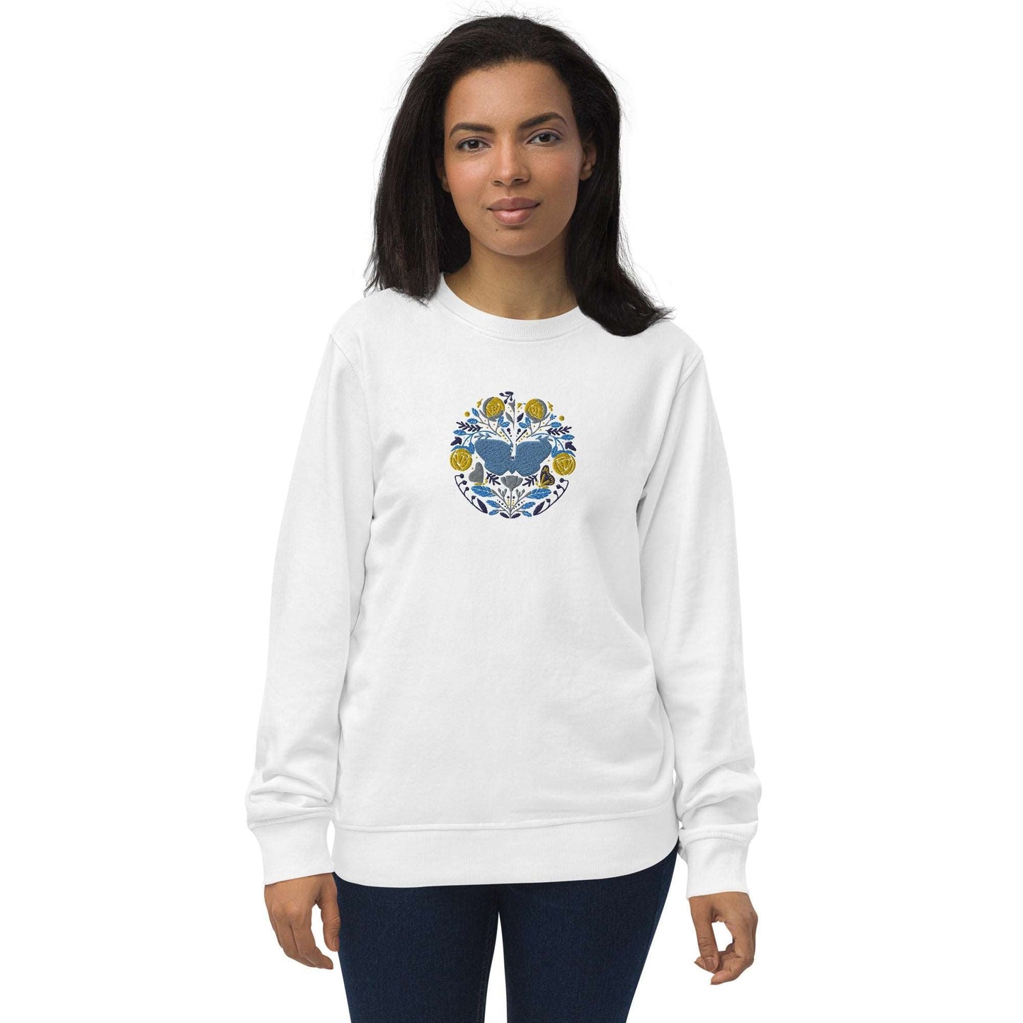 Blue Butterfly - Unisex organic sweatshirt with large chest embroidery - Long Sleeve- Print N Stuff - [designed in Turku FInland]