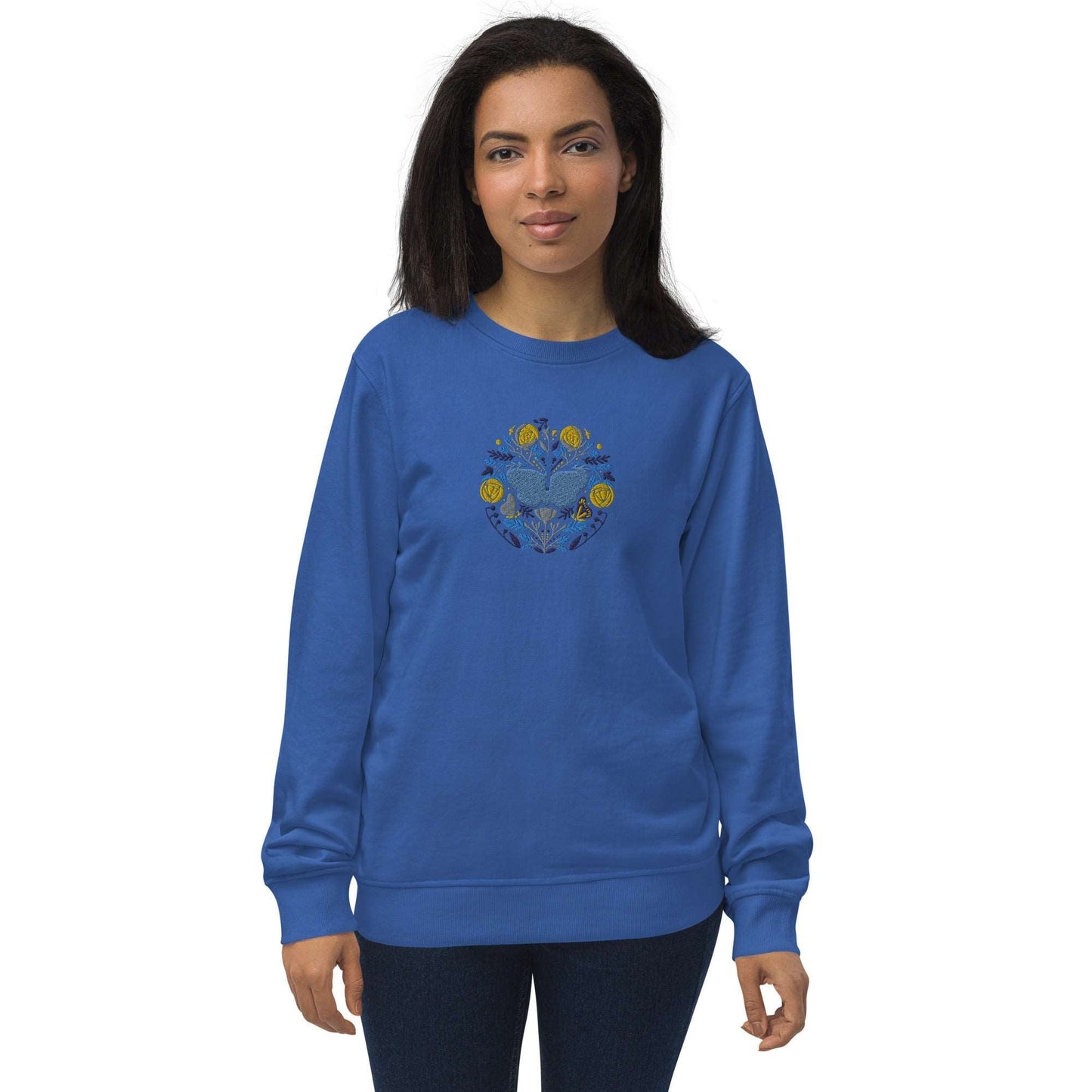 Blue Butterfly - Unisex organic sweatshirt with large chest embroidery - Long Sleeve- Print N Stuff - [designed in Turku FInland]