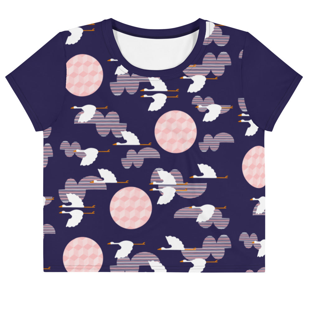 Midnight Storks - All-Over Print Crop Tee - Shirts & Tops- Print N Stuff - [designed in Turku FInland]