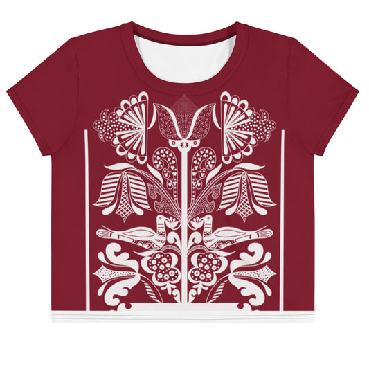 Lovely doves - Folklore Inspired Print Cropped T-shirt - Deep red - Shirts & Tops- Print N Stuff - [designed in Turku FInland]