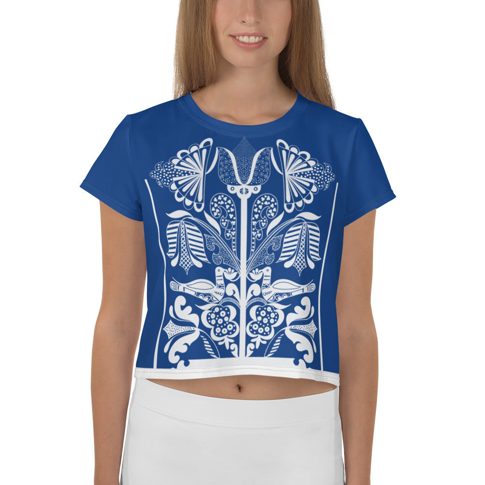 Lovely doves - All-Over Print Crop Tee - Blue true royal - Shirts & Tops- Print N Stuff - [designed in Turku FInland]