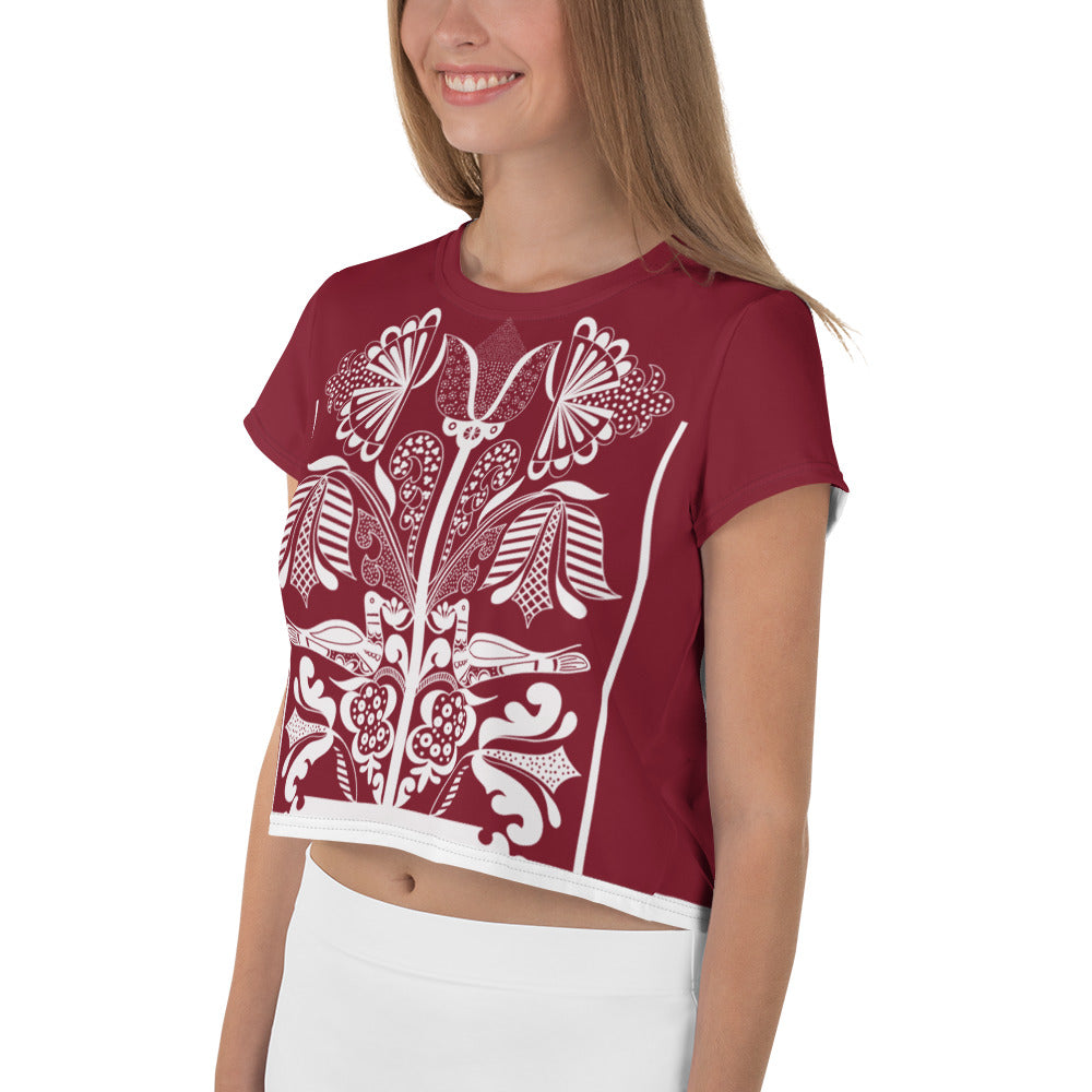 Lovely doves - Folklore Inspired Print Cropped T-shirt - Deep red - Shirts & Tops- Print N Stuff - [designed in Turku FInland]