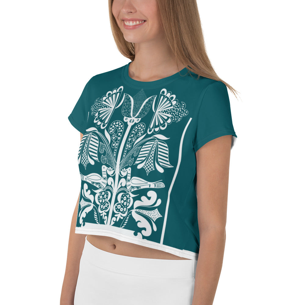 Lovely doves - Folklore inspired Print Cropped T-shirt - Forest Green - Shirts & Tops- Print N Stuff - [designed in Turku FInland]