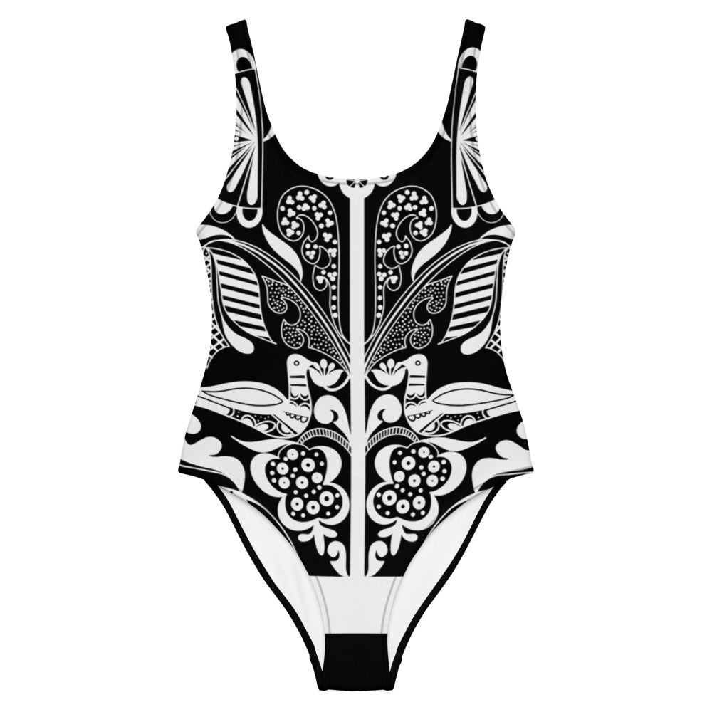 Lovely doves - One-Piece Swimsuit Black - Swimwear- Print N Stuff - [designed in Turku FInland]