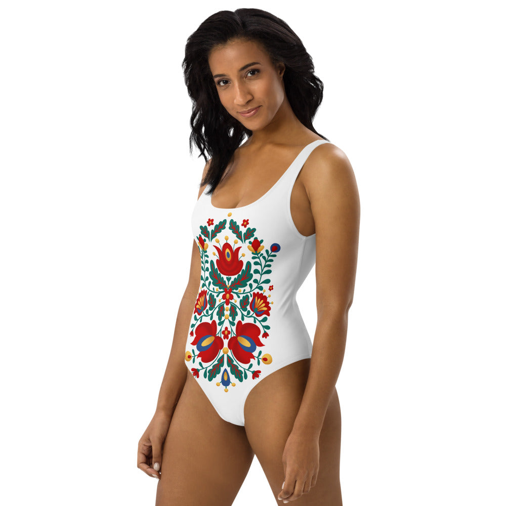 Folklore 2.0 - One-Piece Swimsuit white - Swimwear- Print N Stuff - [designed in Turku FInland]