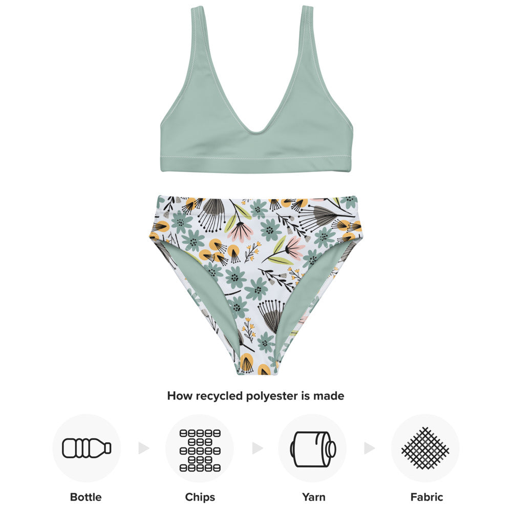 Summer Flowers - Recycled high-waisted bikini-sage - Swimwear- Print N Stuff - [designed in Turku FInland]