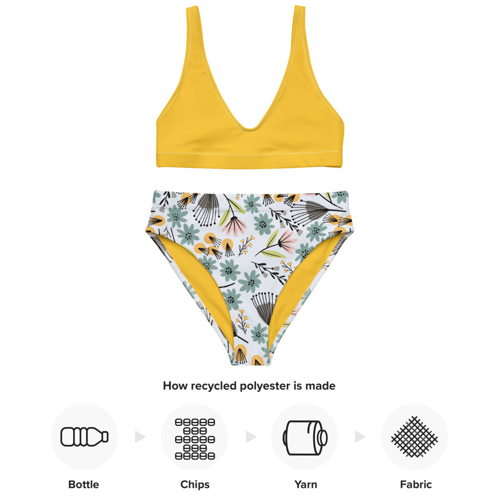 Summer Flowers - Recycled high-waisted bikini-yellow - Swimwear- Print N Stuff - [designed in Turku FInland]