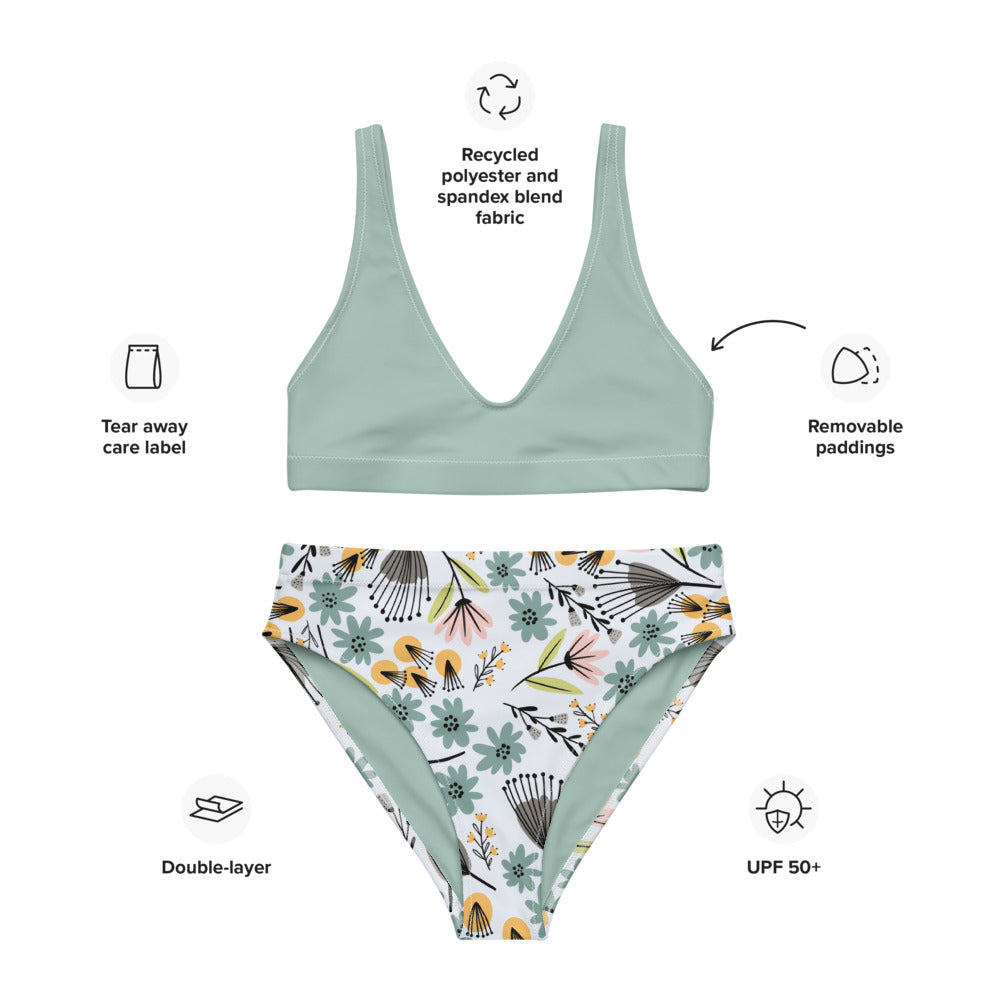 Summer Flowers - Recycled high-waisted bikini-sage - Swimwear- Print N Stuff - [designed in Turku FInland]
