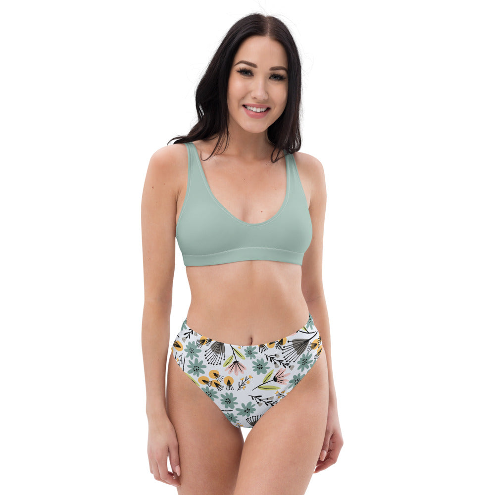 Summer Flowers - Recycled high-waisted bikini-sage - Swimwear- Print N Stuff - [designed in Turku FInland]