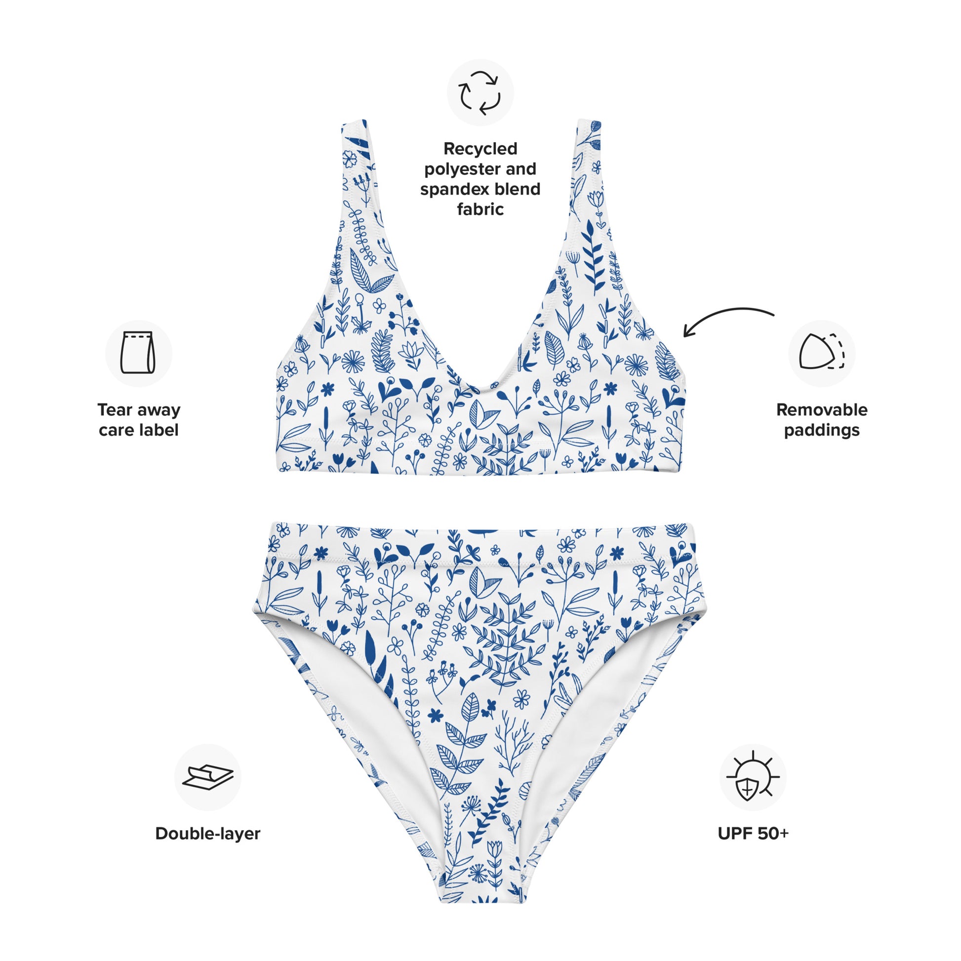 Wild flowers - Recycled high-waisted bikini - Swimwear- Print N Stuff - [designed in Turku FInland]