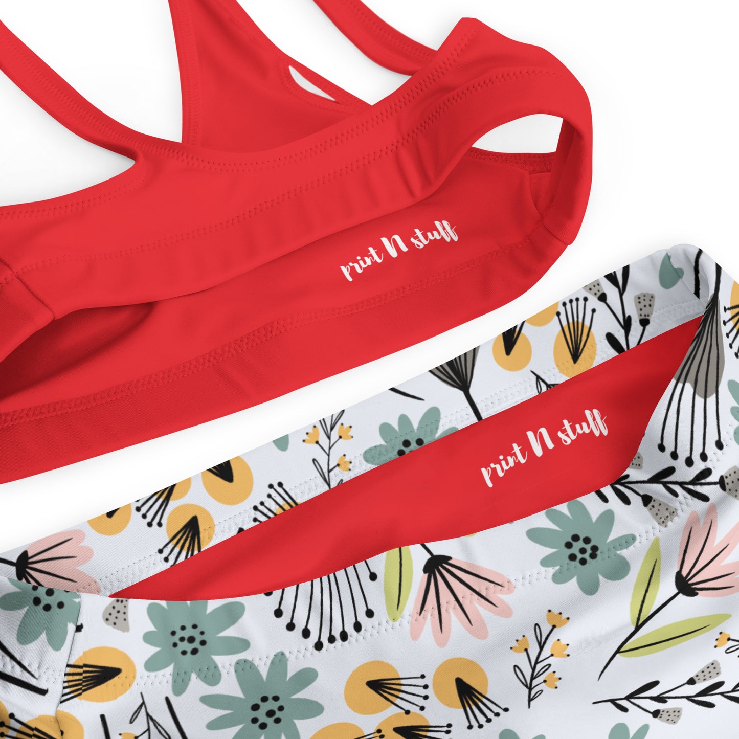 Summer Flowers - Recycled high-waisted bikini-red - Swimwear- Print N Stuff - [designed in Turku FInland]