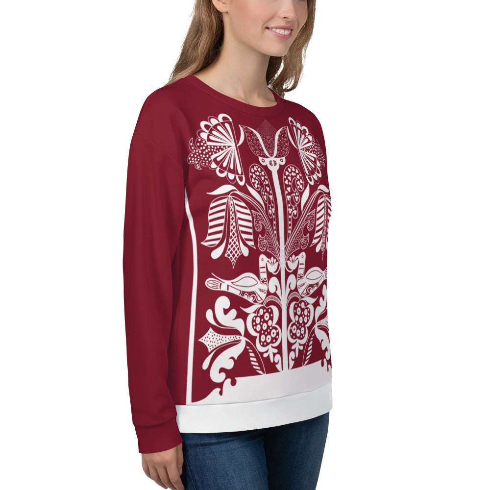 Lovely doves - Finnish Folklore print sweatshirt - Rich red - Long Sleeve- Print N Stuff - [designed in Turku FInland]