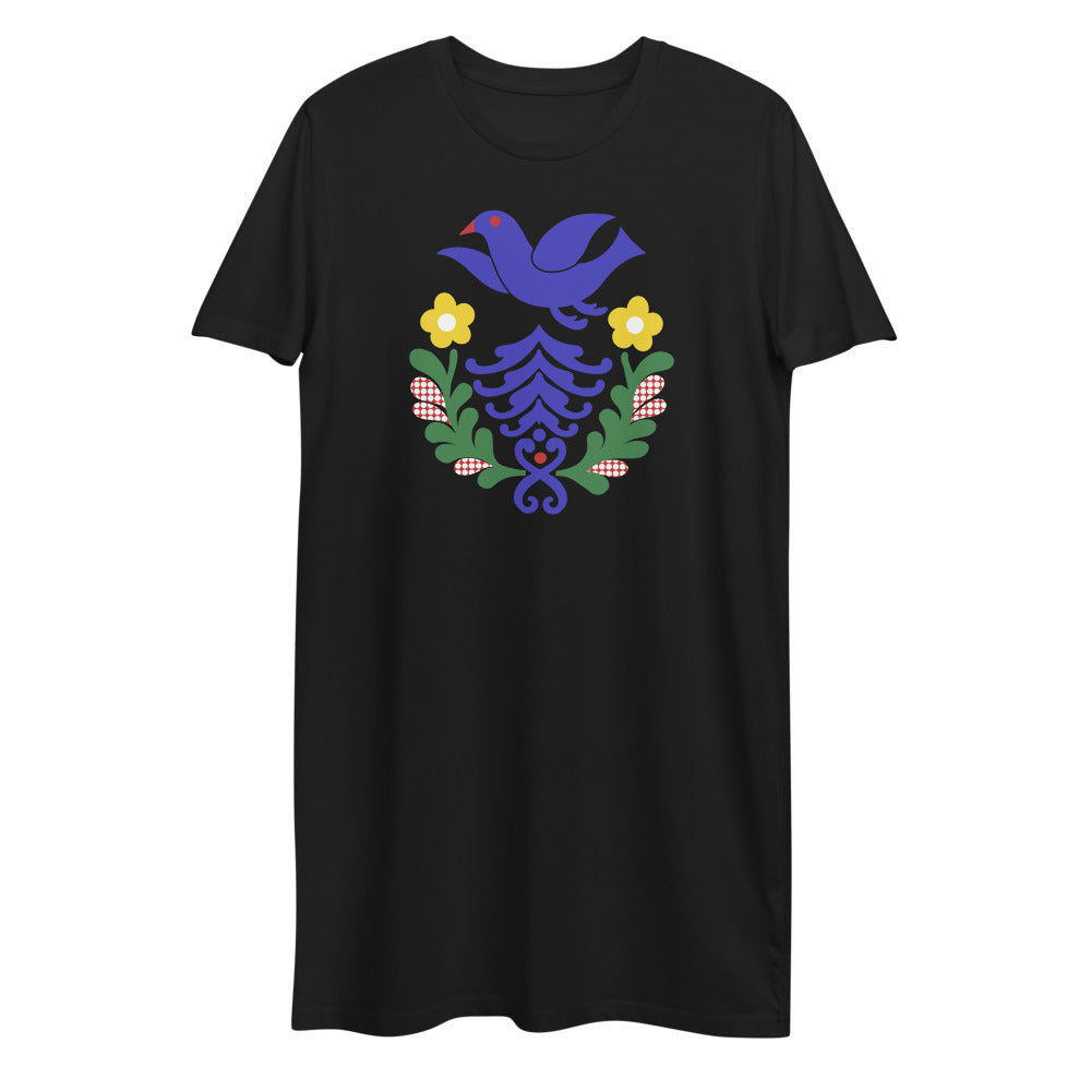 Folk Birds 1.2 - Organic cotton t-shirt dress - T-Shirt Dress- Print N Stuff - [designed in Turku FInland]