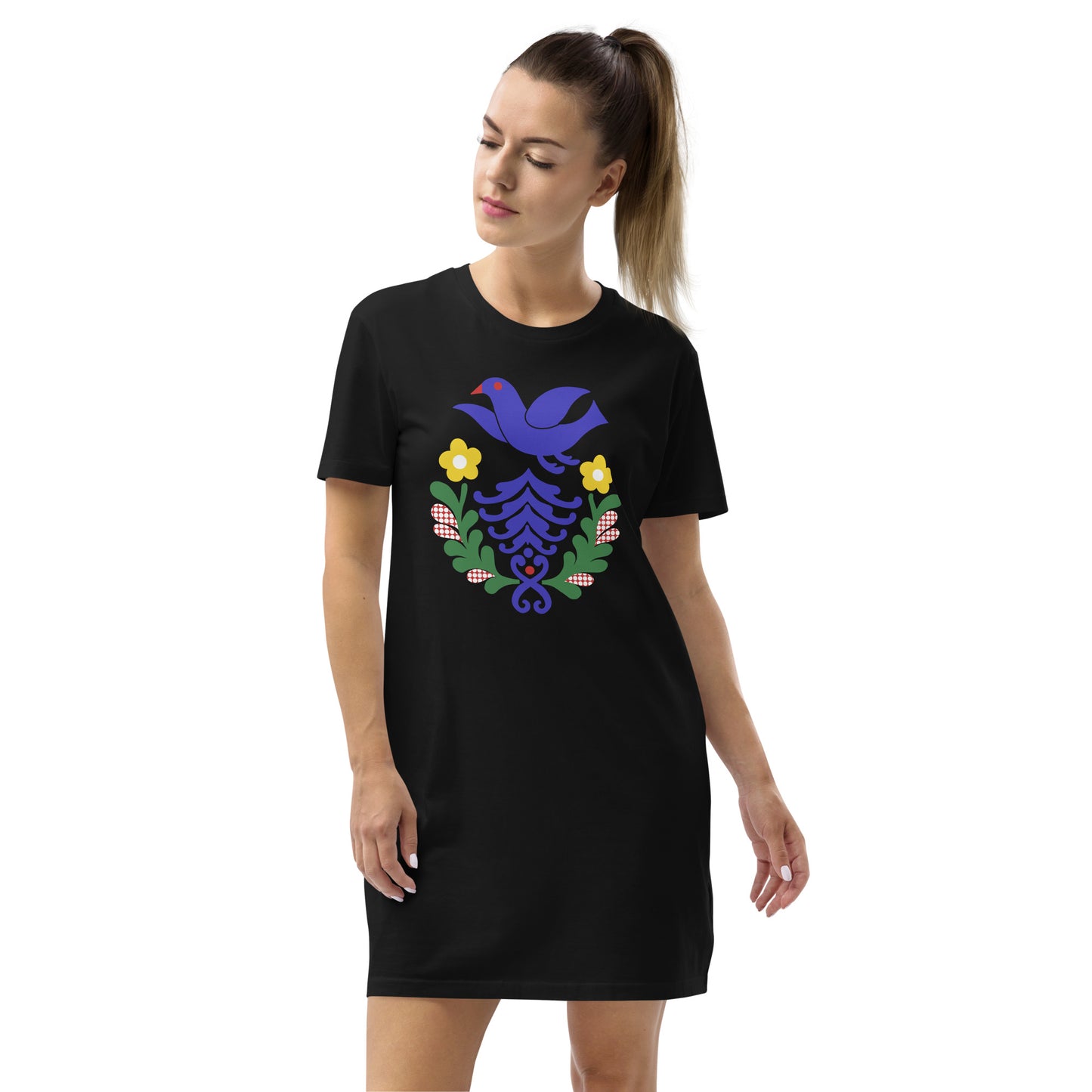 Folk Birds 1.2 - Organic cotton t-shirt dress - T-Shirt Dress- Print N Stuff - [designed in Turku FInland]