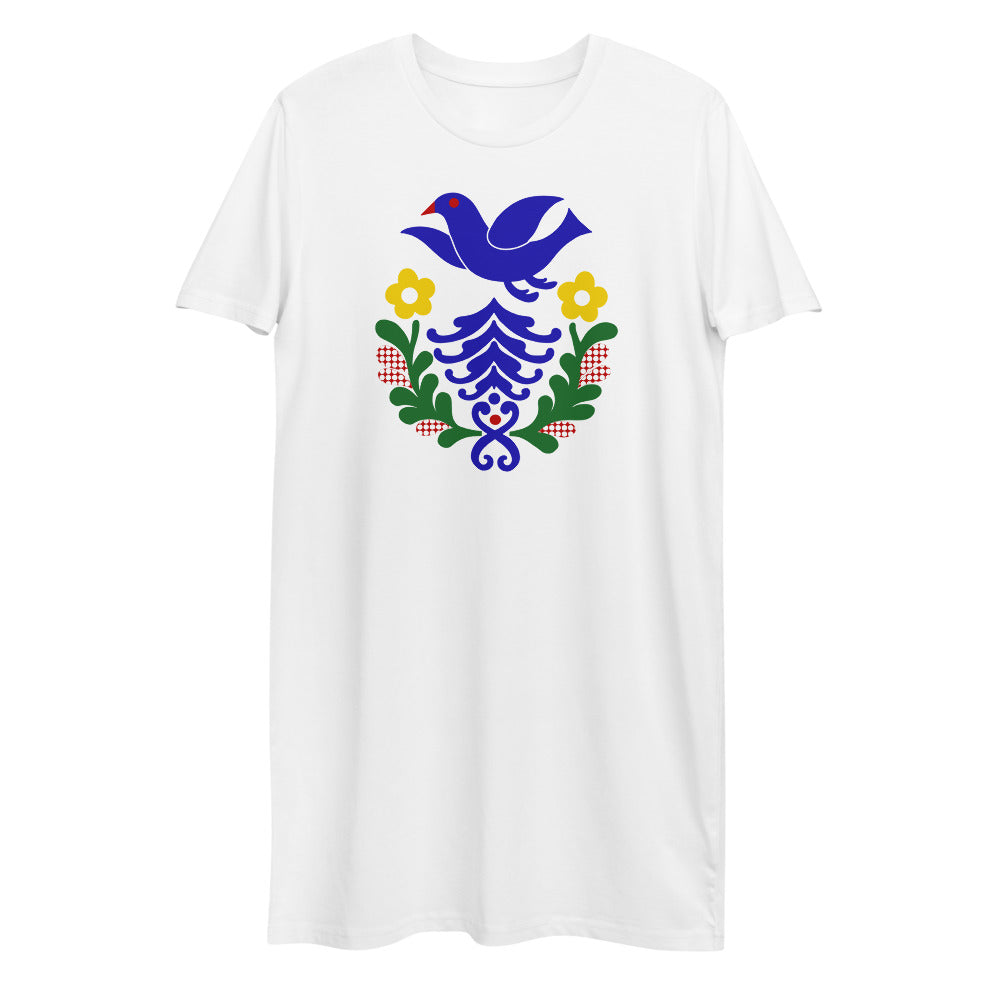Folk Birds 1.2 - Organic cotton t-shirt dress - T-Shirt Dress- Print N Stuff - [designed in Turku FInland]