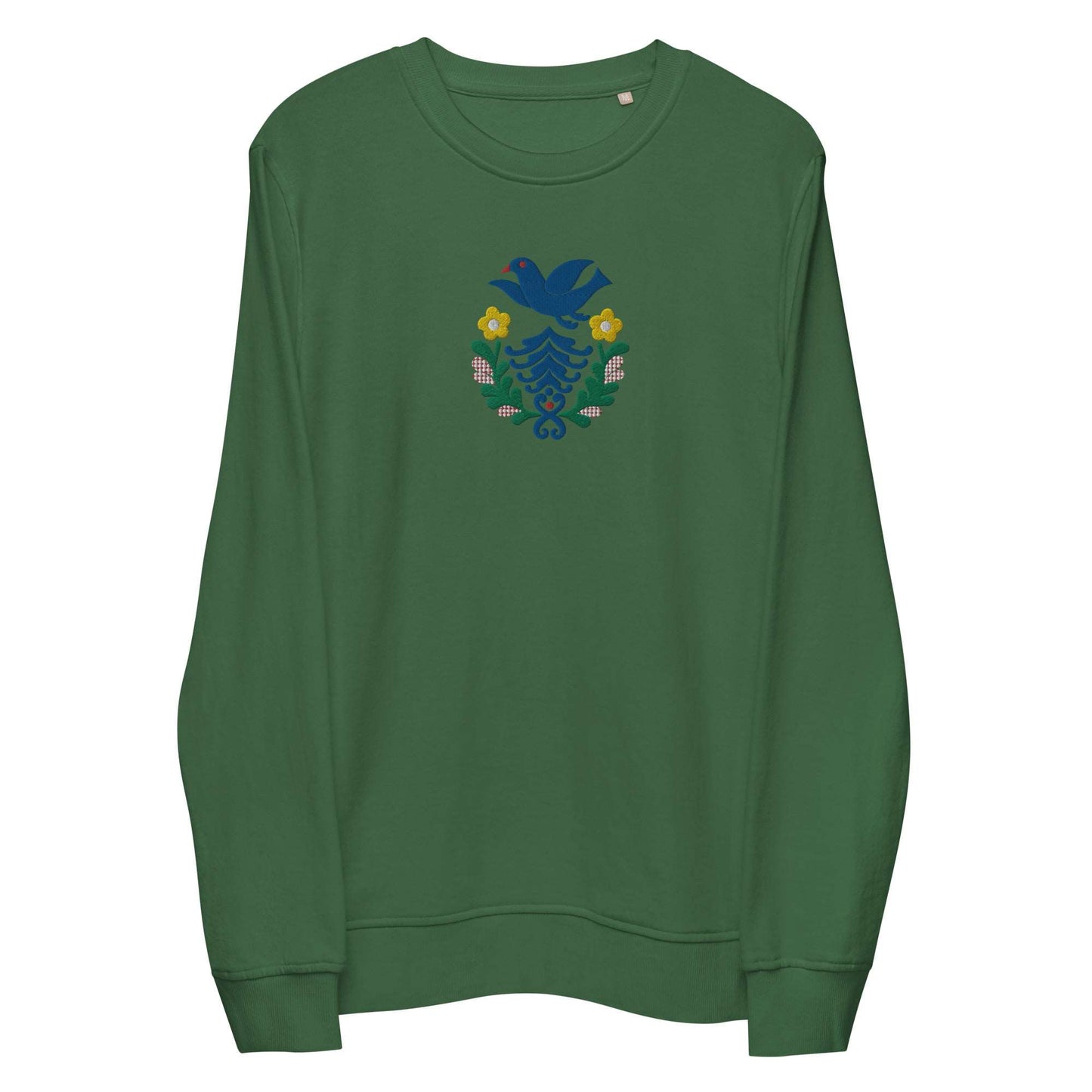 Folk Birds 1.2 - Unisex organic sweatshirt with large chest embroidery - Long Sleeve- Print N Stuff - [designed in Turku FInland]